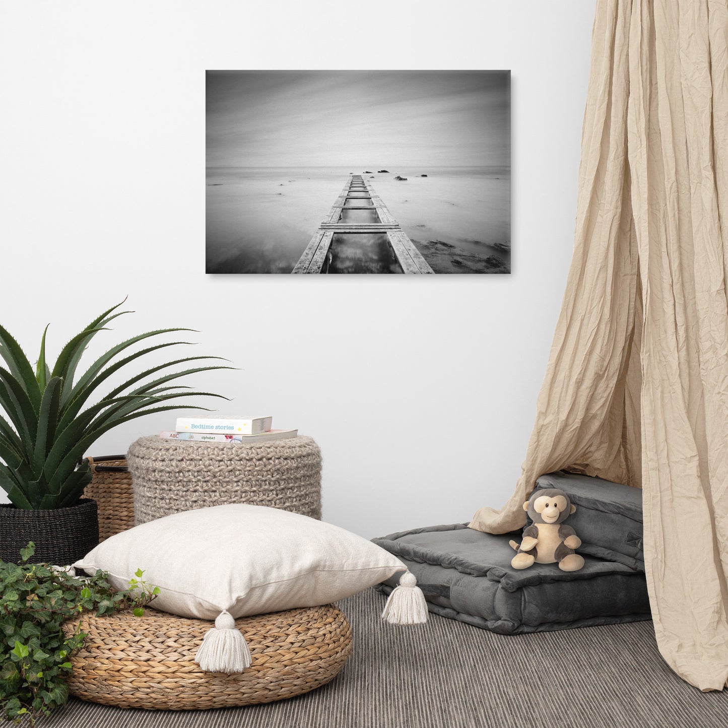 Moody Ocean and Sky Wooden Pier Landscape Photo Canvas Wall Art Prints