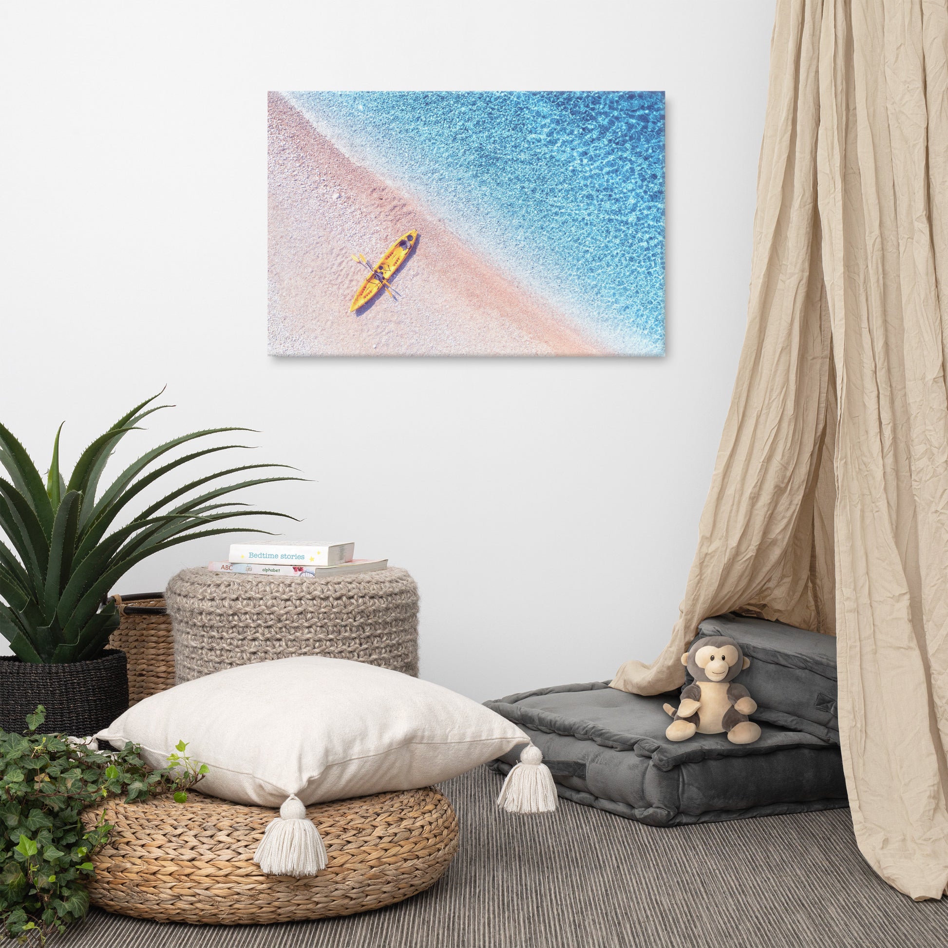 Yellow Canoe and Blue Sea by with Soft Violet Effect Landscape Photo Canvas Wall Art Prints