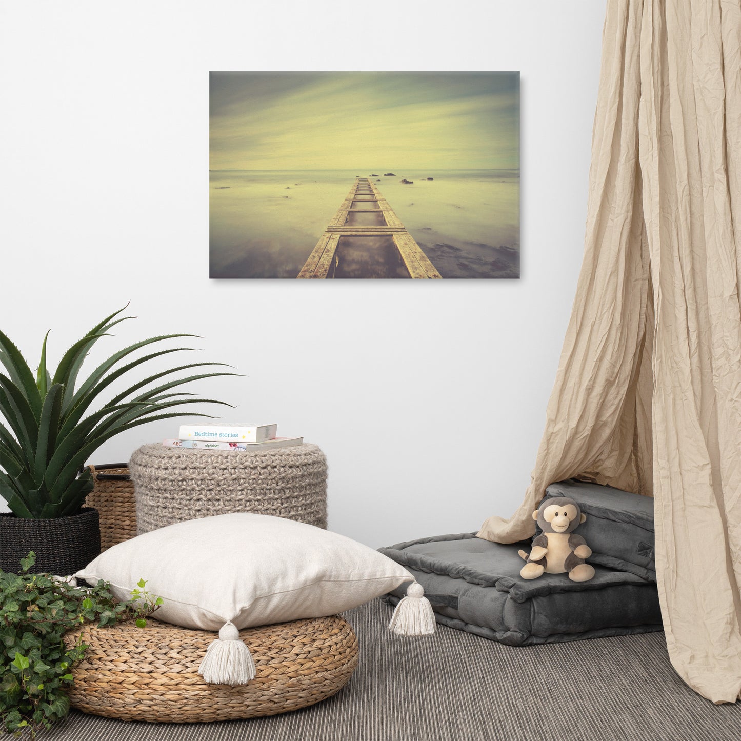 Moody Ocean and Sky Wooden Pier Landscape Photo Canvas Wall Art Prints