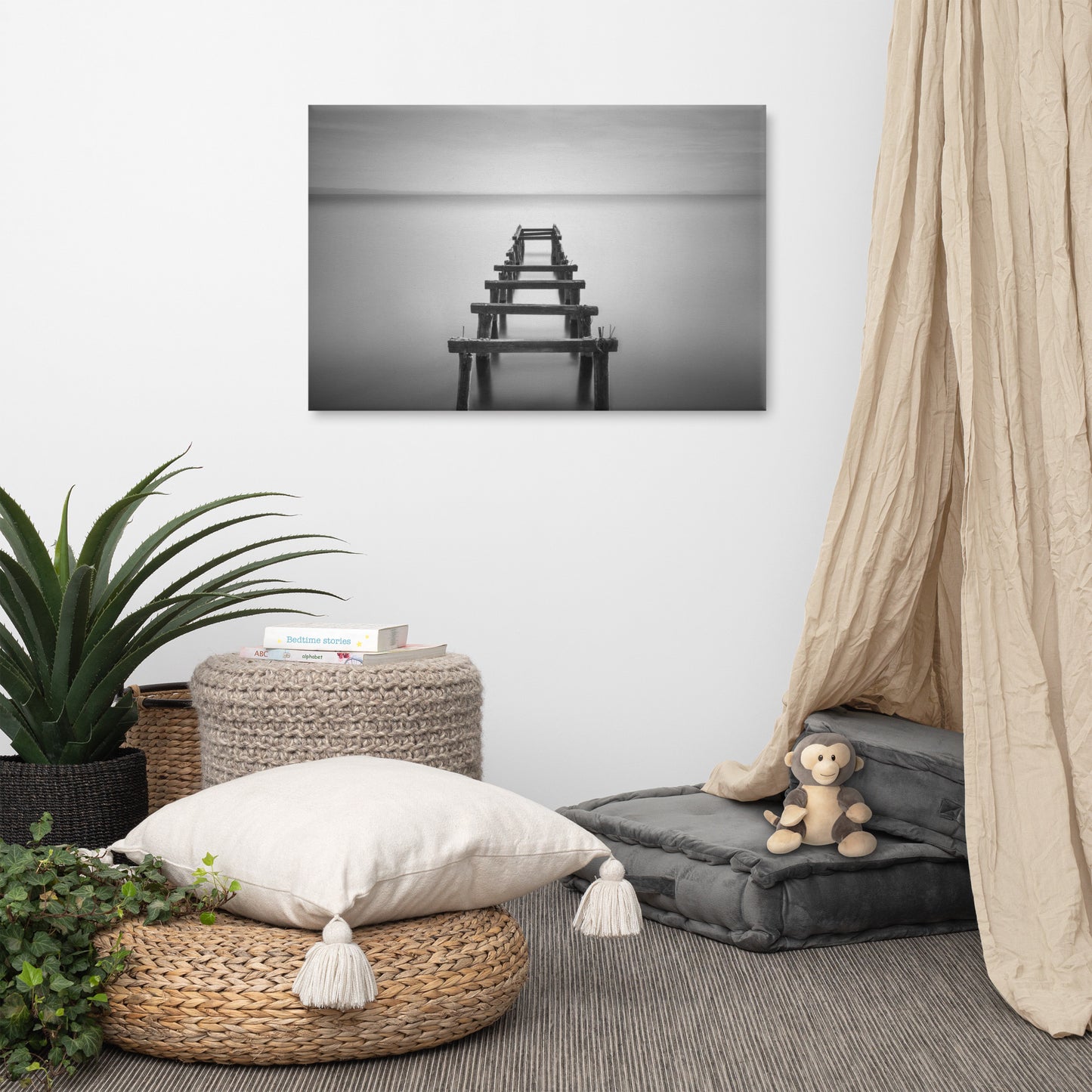 Soft Lake and Abandoned Pier Black and White Landscape Photo Canvas Wall Art Prints