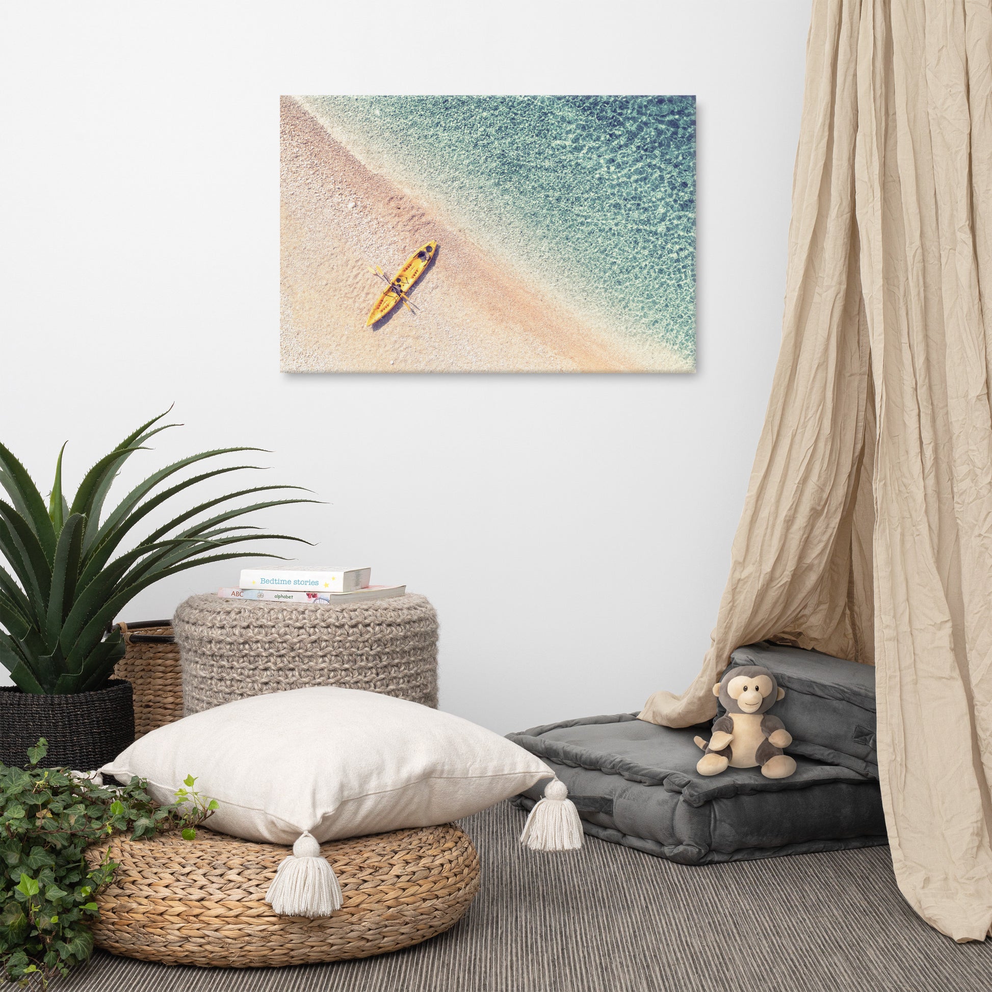 Yellow Canoe and Blue Sea with Violet Glow Effect Landscape Photo Canvas Wall Art Prints