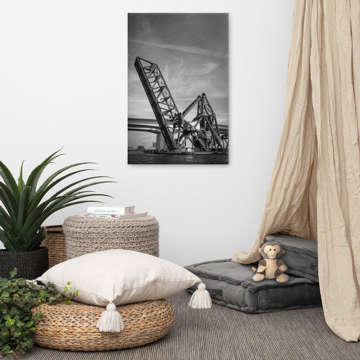 Train Drawbridge Jacksonville 2 Black and White Canvas Wall Art Print