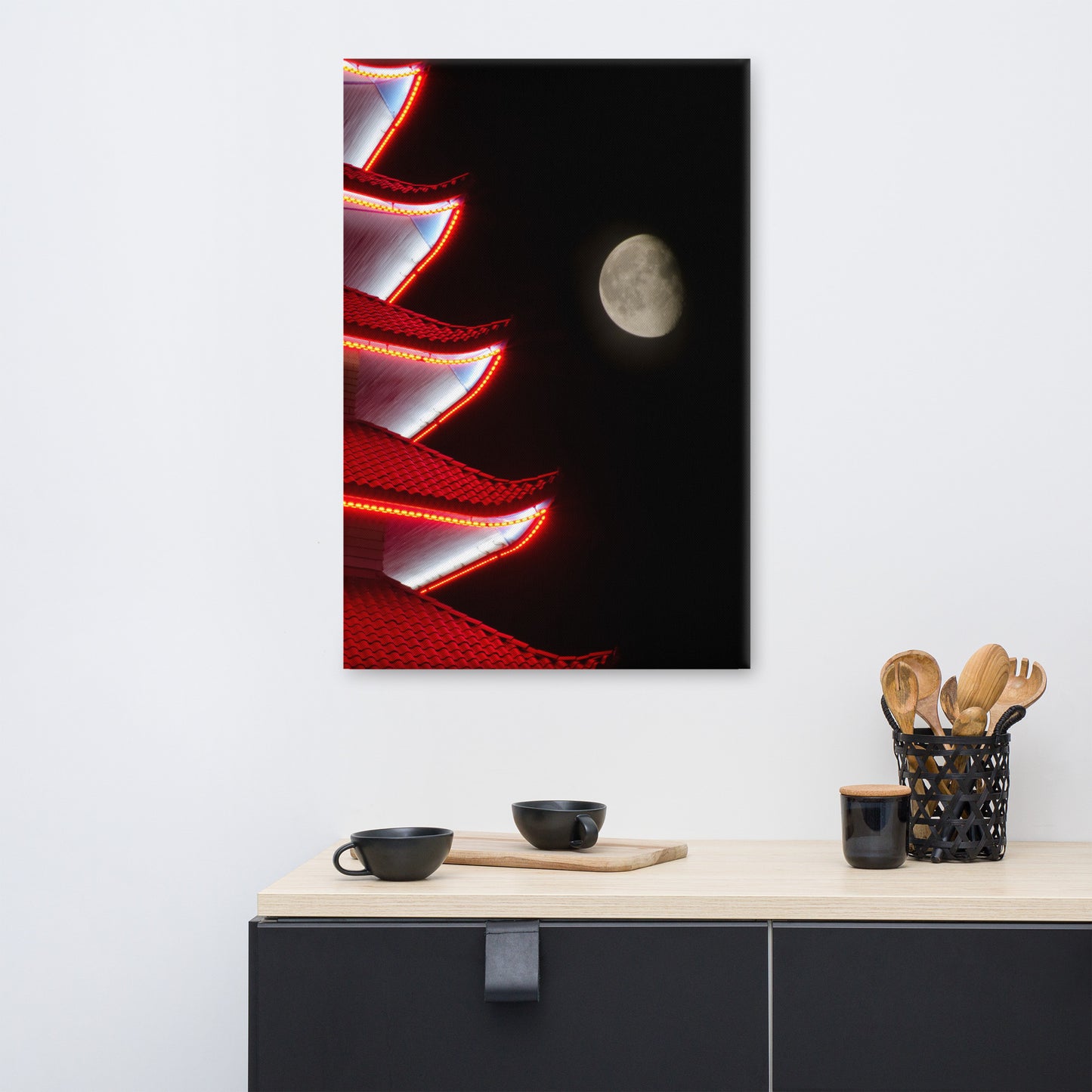 Moon Over Pagoda 1 Traditional Canvas Wall Art Print