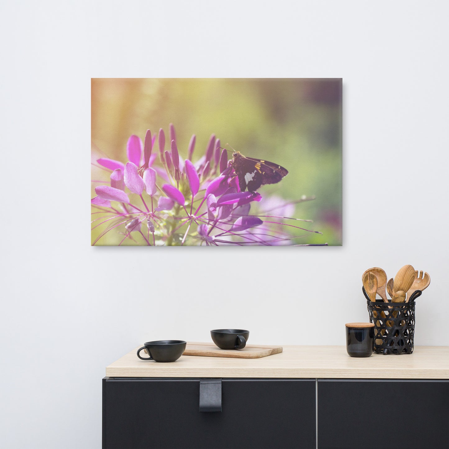 Spider Flower in Glory Light With Spotted Moth Floral Botanical Nature Photo Canvas Wall Art Prints
