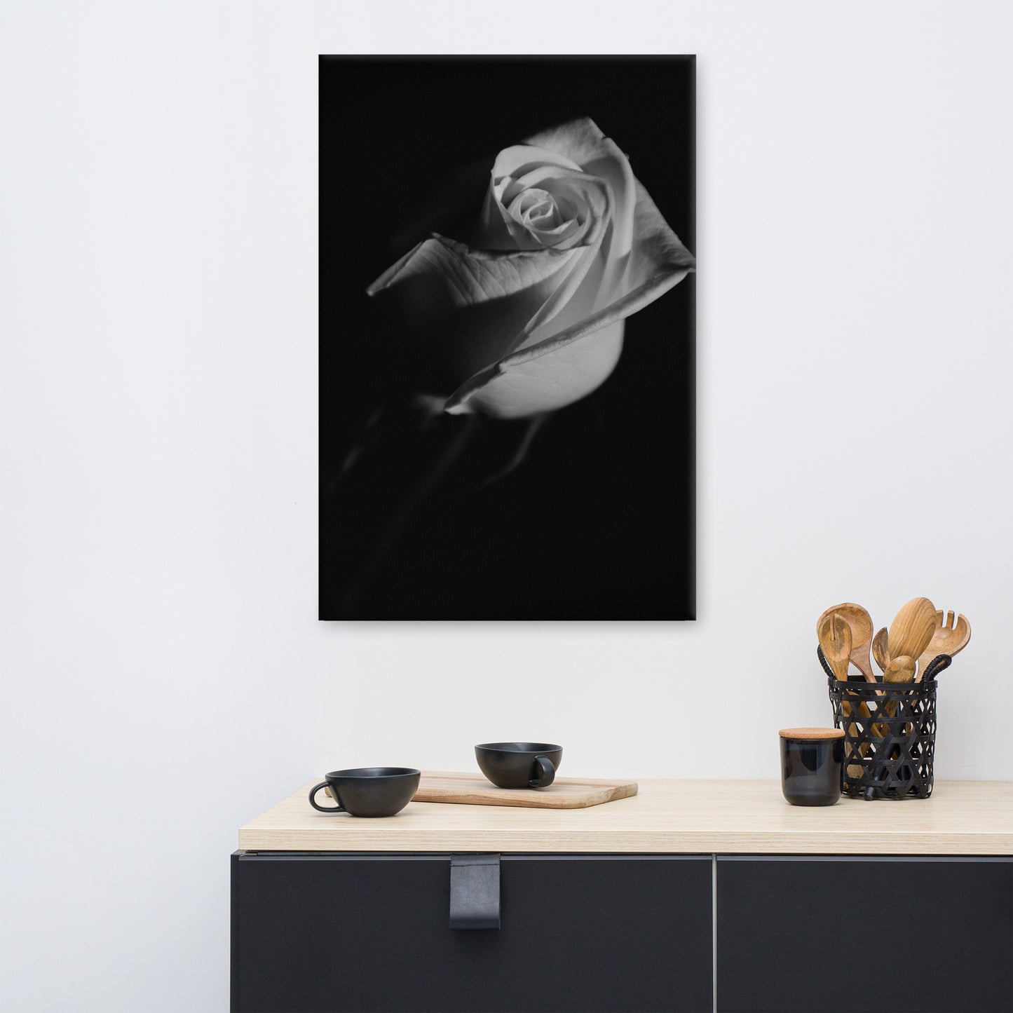 Rose on Black Black and White Floral Botanical Nature Photo Canvas Wall Art Prints