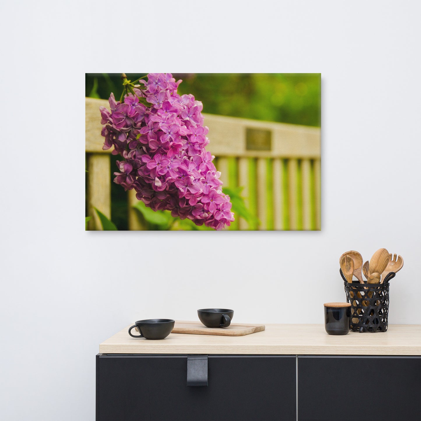 Park Bench with Lilac Floral Botanical Nature Photo Canvas Wall Art Prints