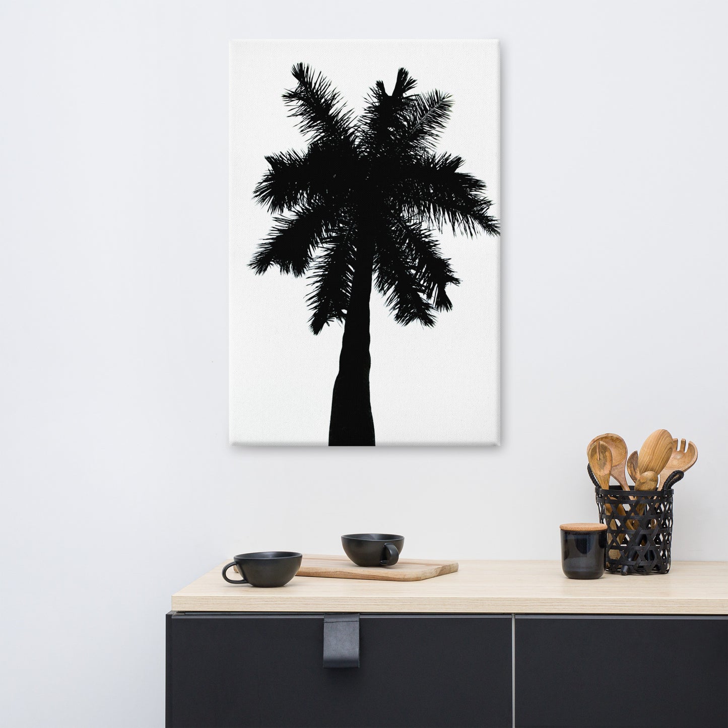 Palm Tree Silhouette on Pure White Botanical Nature Canvas Wall Art Print