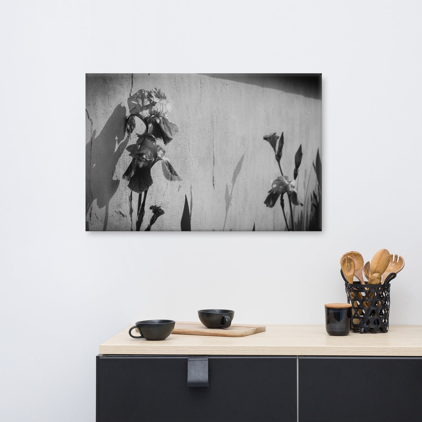 Iris on Wall Black and White Floral Botanical Nature Photo Canvas Wall Art Prints