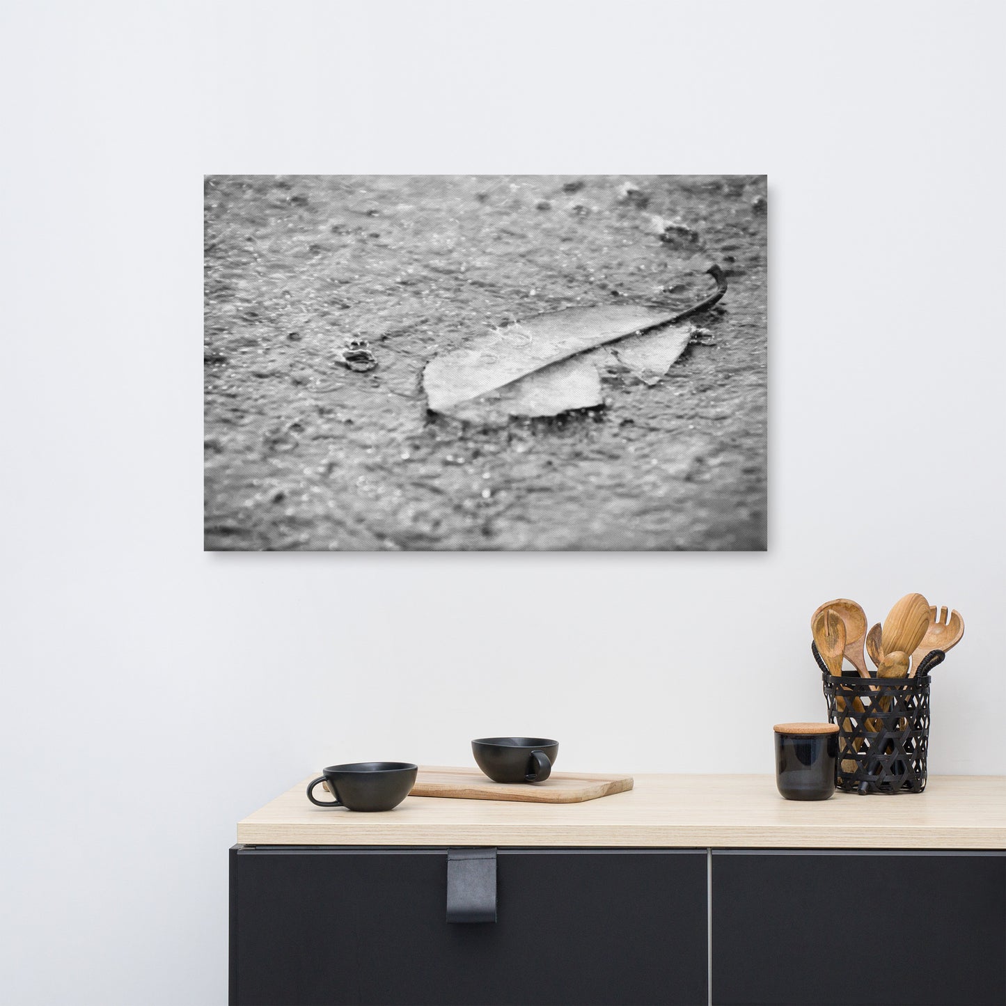 Fallen Leaf in The Rain Black and White Floral Nature Canvas Wall Art Prints