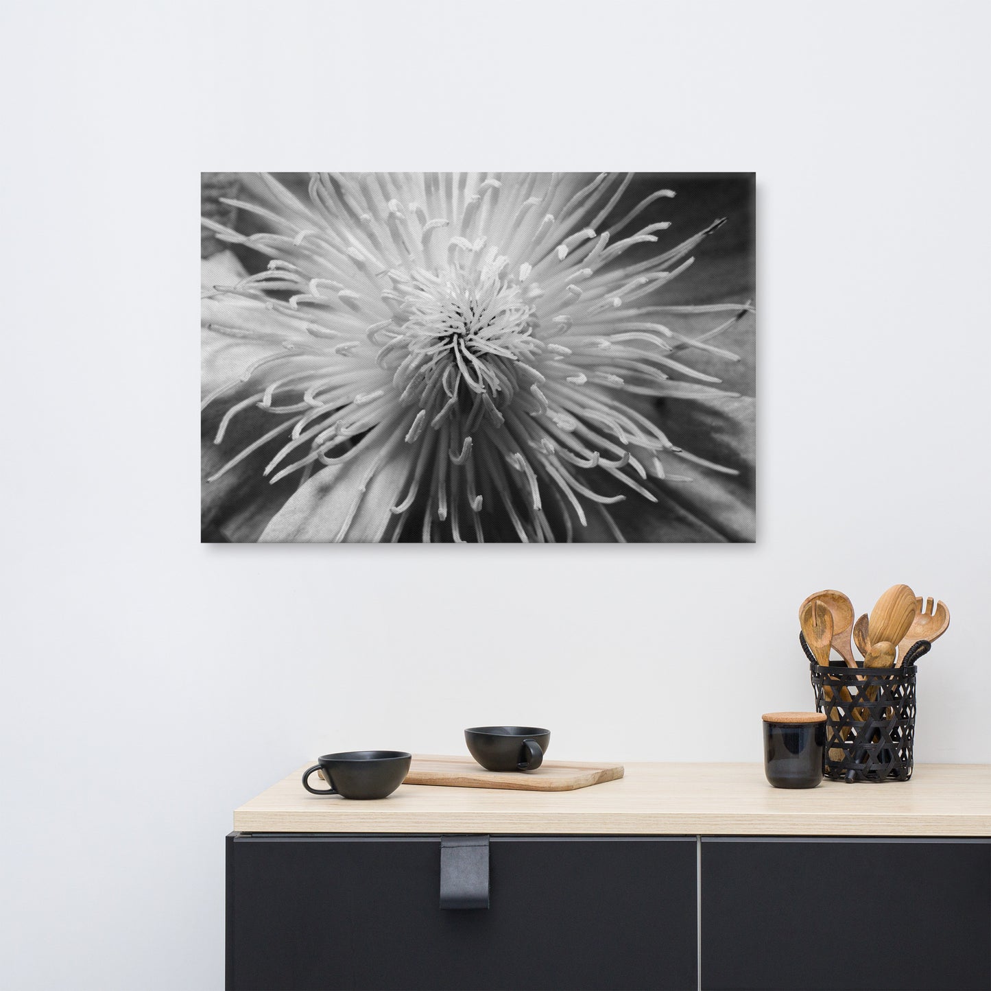 Center of Clematis Black and White Floral Botanical Nature Photograph Canvas Wall Art Prints