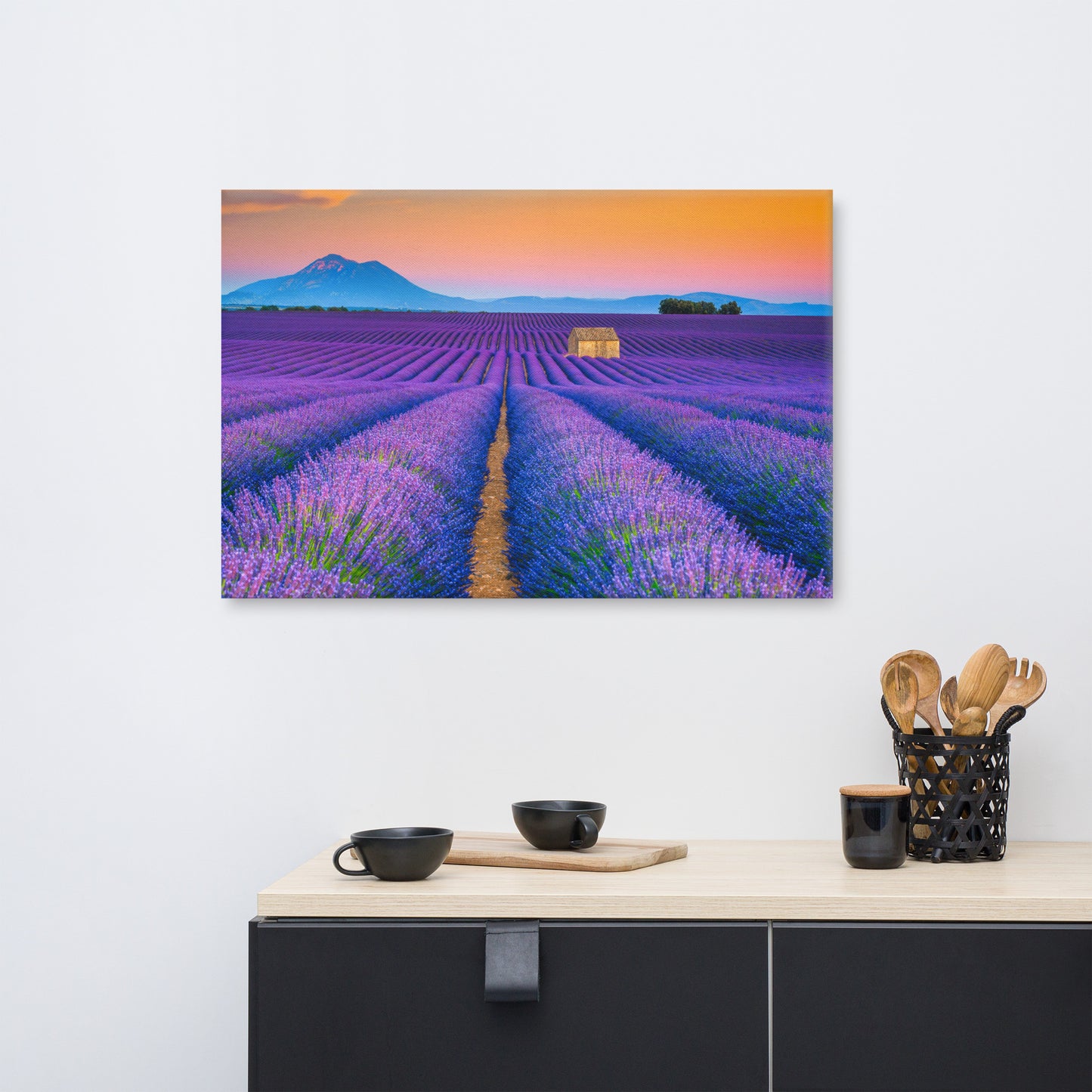 Blooming Lavender Field and Sunset Floral Landscape Photograph Canvas Wall Art Prints