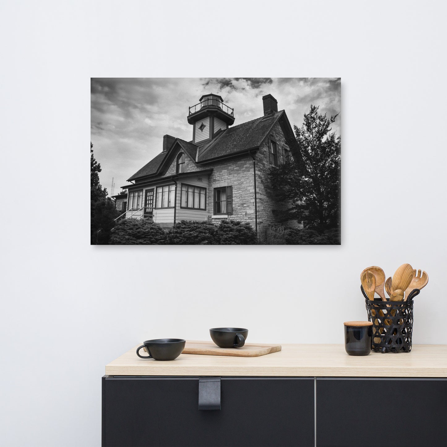 Cedar Point Lighthouse in Black and White Coastal Landscape Canvas Wall Art Prints
