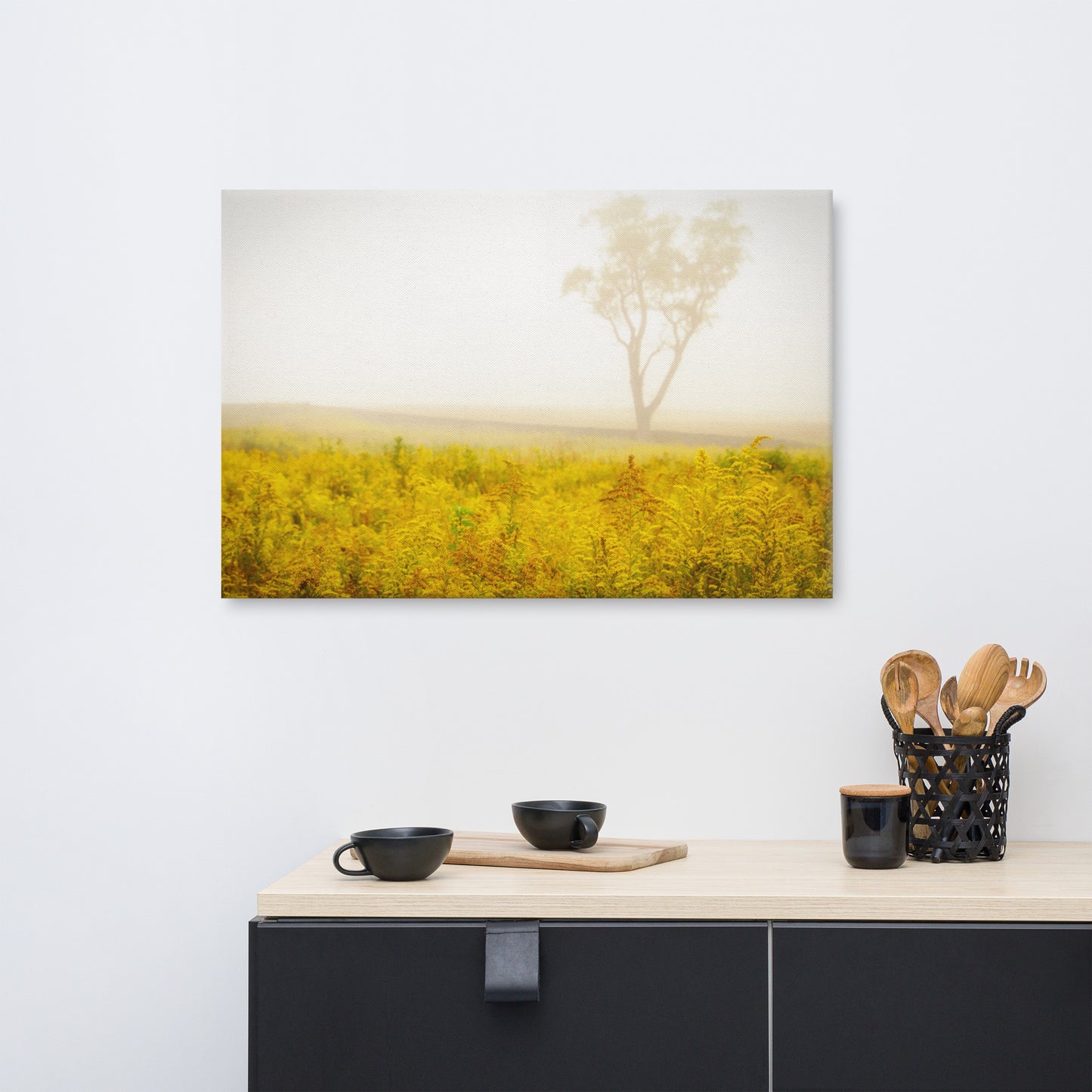 Dreams of Goldenrod and Fog Rustic Floral Landscape Photograph Canvas Wall Art Prints