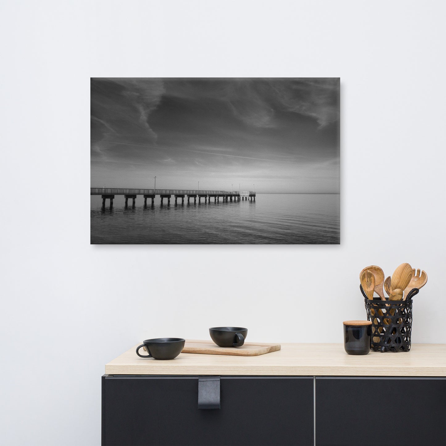 End of the Pier Black and White Coastal Landscape Canvas Wall Art Prints