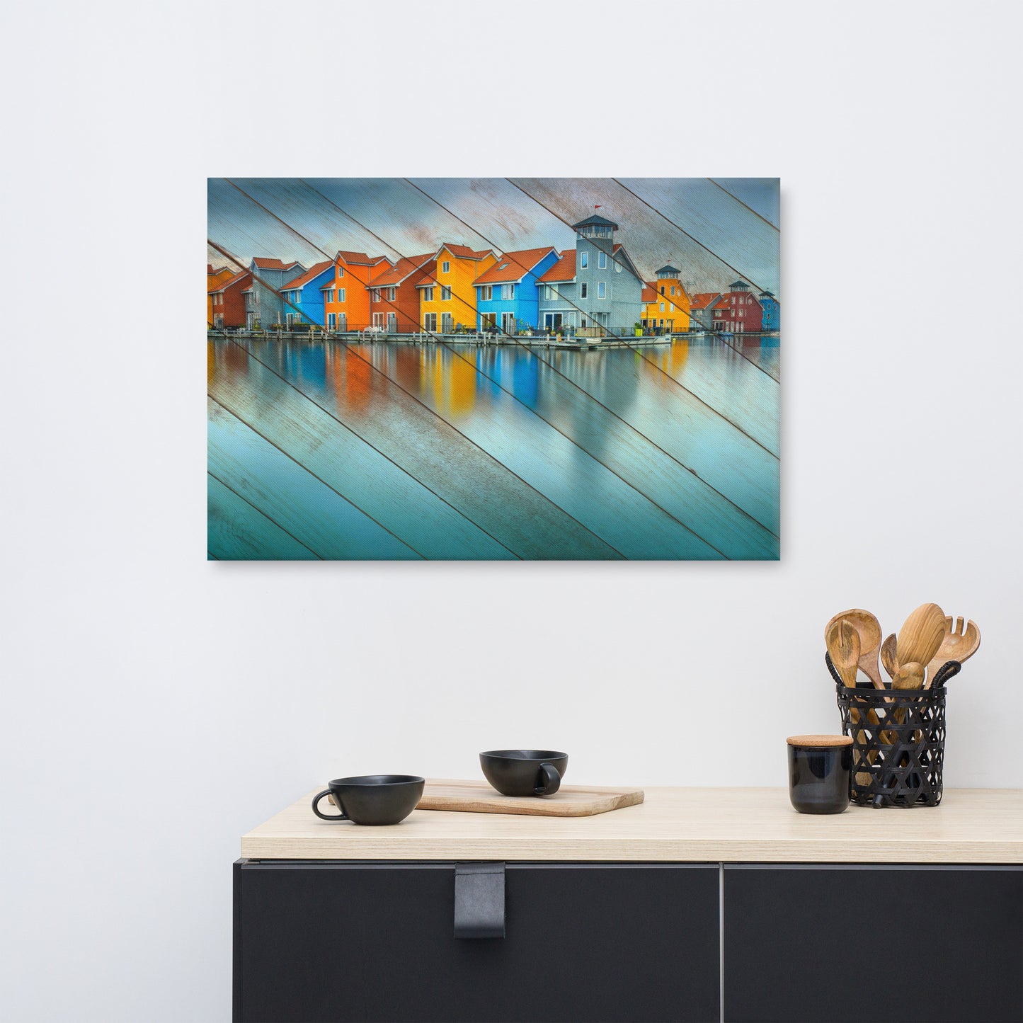 Faux Wood Blue Morning at Waters Edge Coastal Landscape Canvas Wall Art Prints