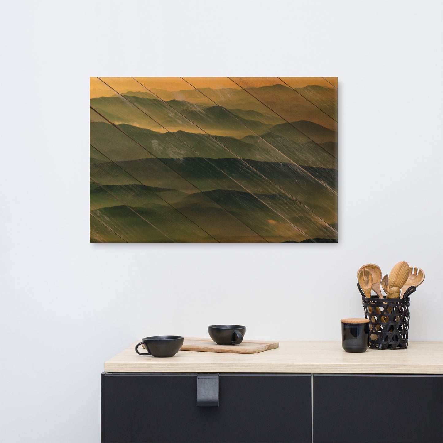 Faux Wood Foggy Mountain Layers at Sunset Rural Landscape Canvas Wall Art Prints