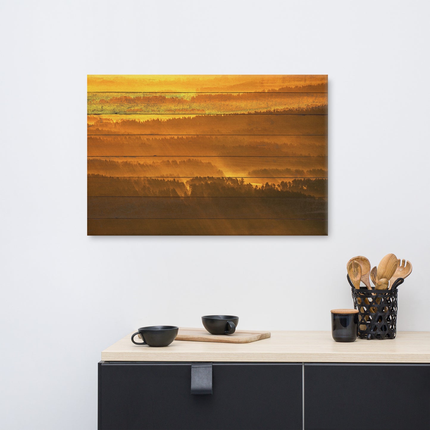 Faux Wood Golden Mist Valley - Hills & Mountain Range Rural Landscape Canvas Wall Art Prints