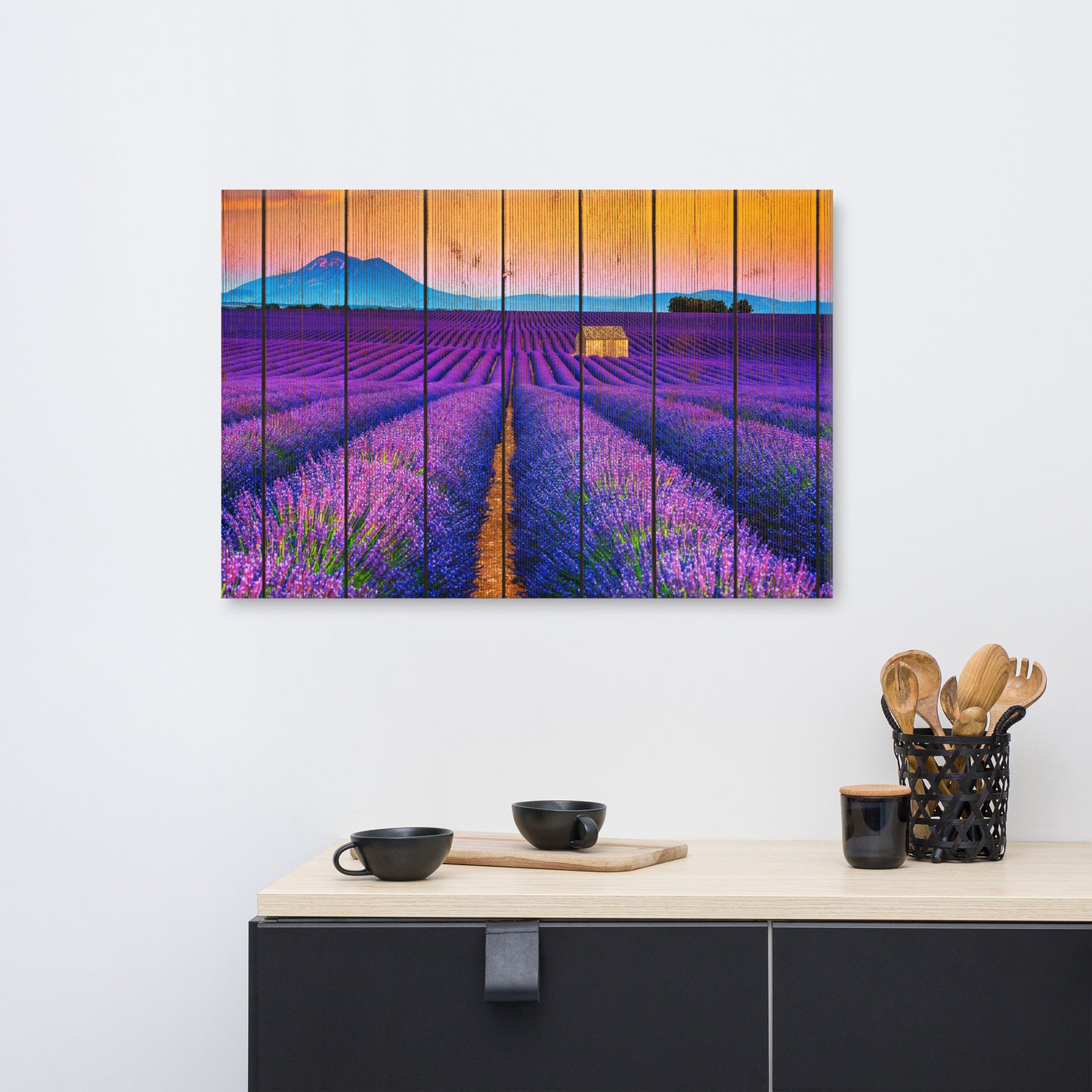 Faux Wood Lavender Fields and Sunset Farmhouse Style Floral Landscape Photograph Canvas Wall Art Prints