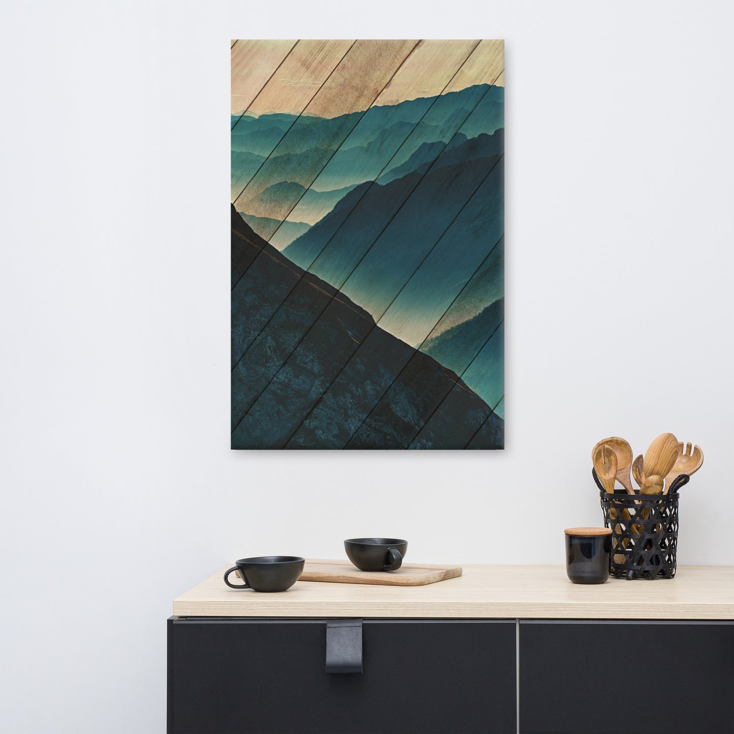 Faux Wood Misty Blue Silhouette Mountain Range Rural Landscape Canvas Wall Art Prints
