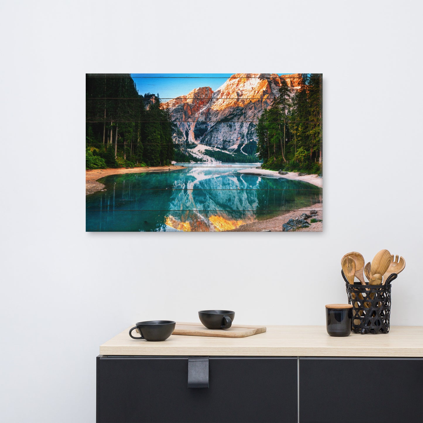 Faux Wood Misty Lake and Snowcap Mountain Reflections Rural Landscape Canvas Wall Art Prints