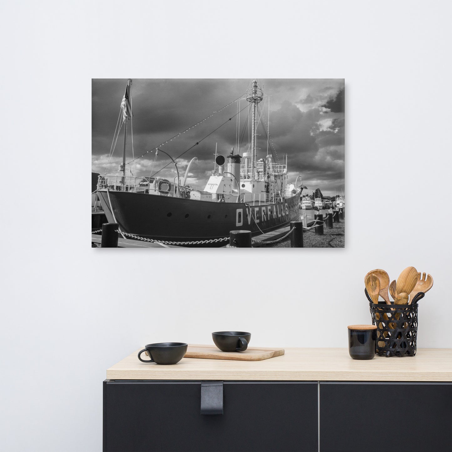 Overfalls Lightship Black and White Coastal Landscape Canvas Wall Art Prints