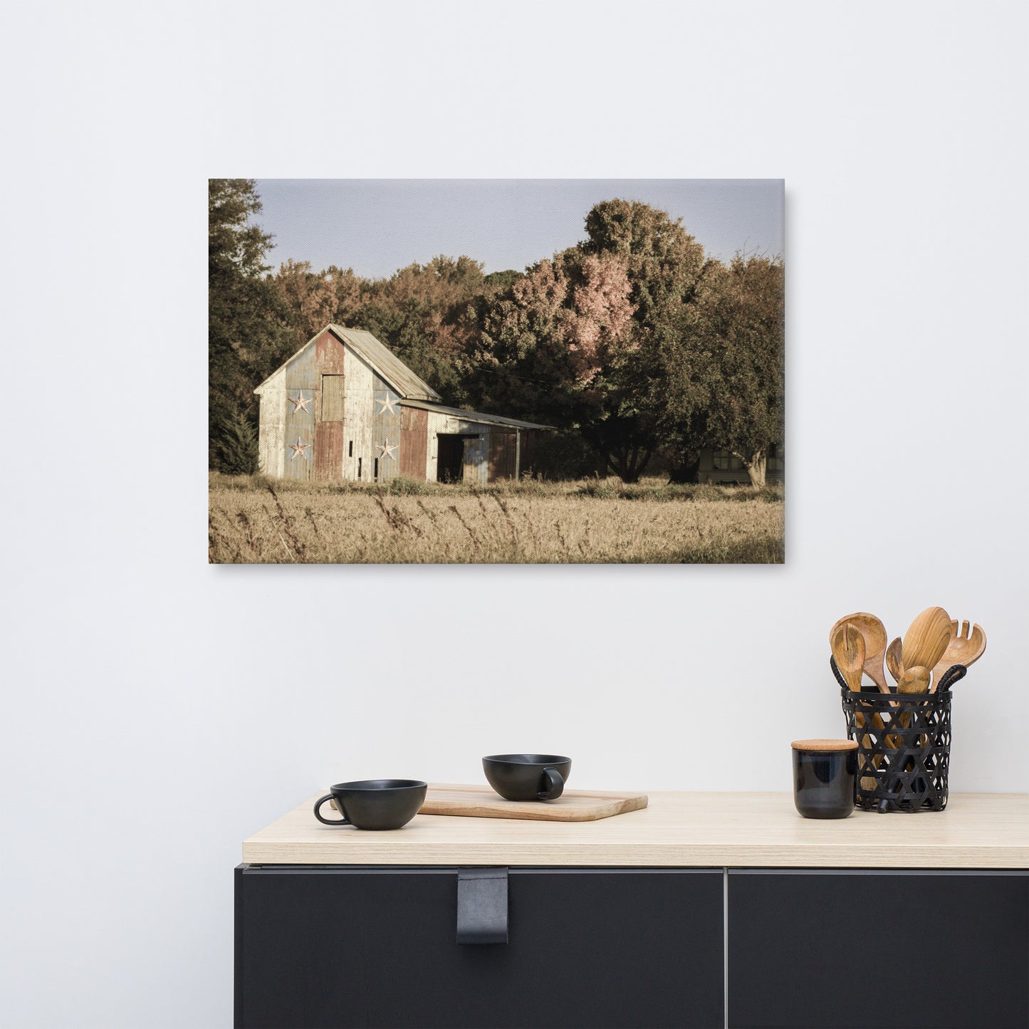 Patriotic Barn in Field Aged Rural Landscape Canvas Wall Art Prints