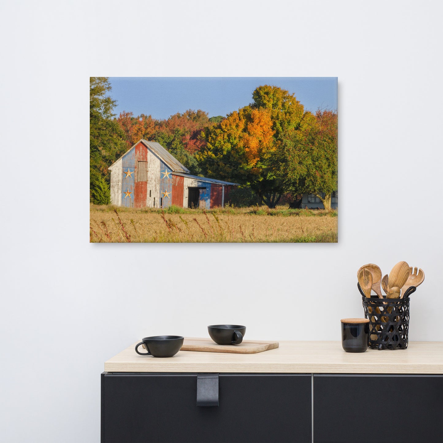 Patriotic Barn in Field Color Rural Landscape Photograph Canvas Wall Art Prints