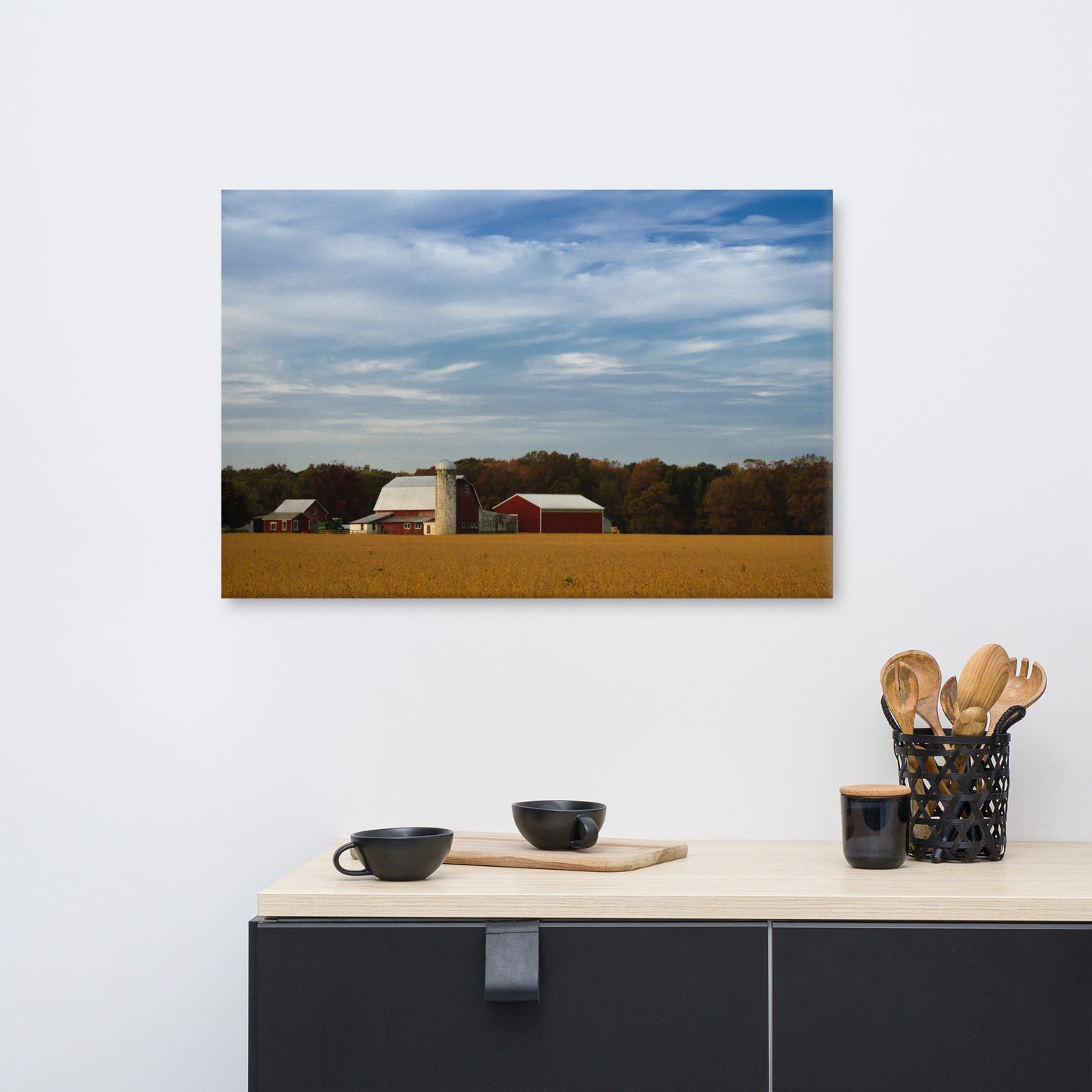 Red Barn in Golden Field Traditional Color Rural Landscape Canvas Wall Art Prints