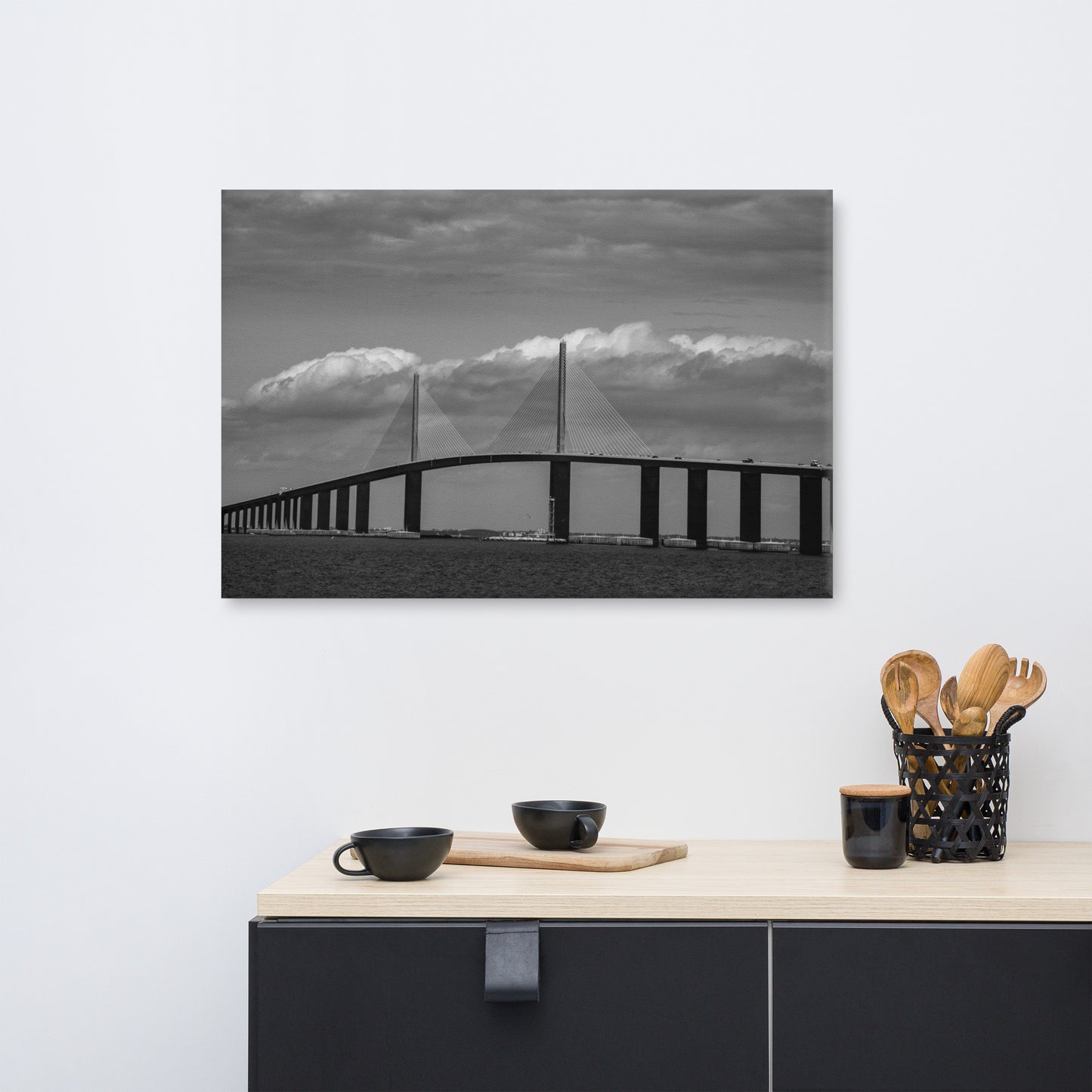 Skyway Bridge Black and White Coastal Landscape Canvas Wall Art Prints