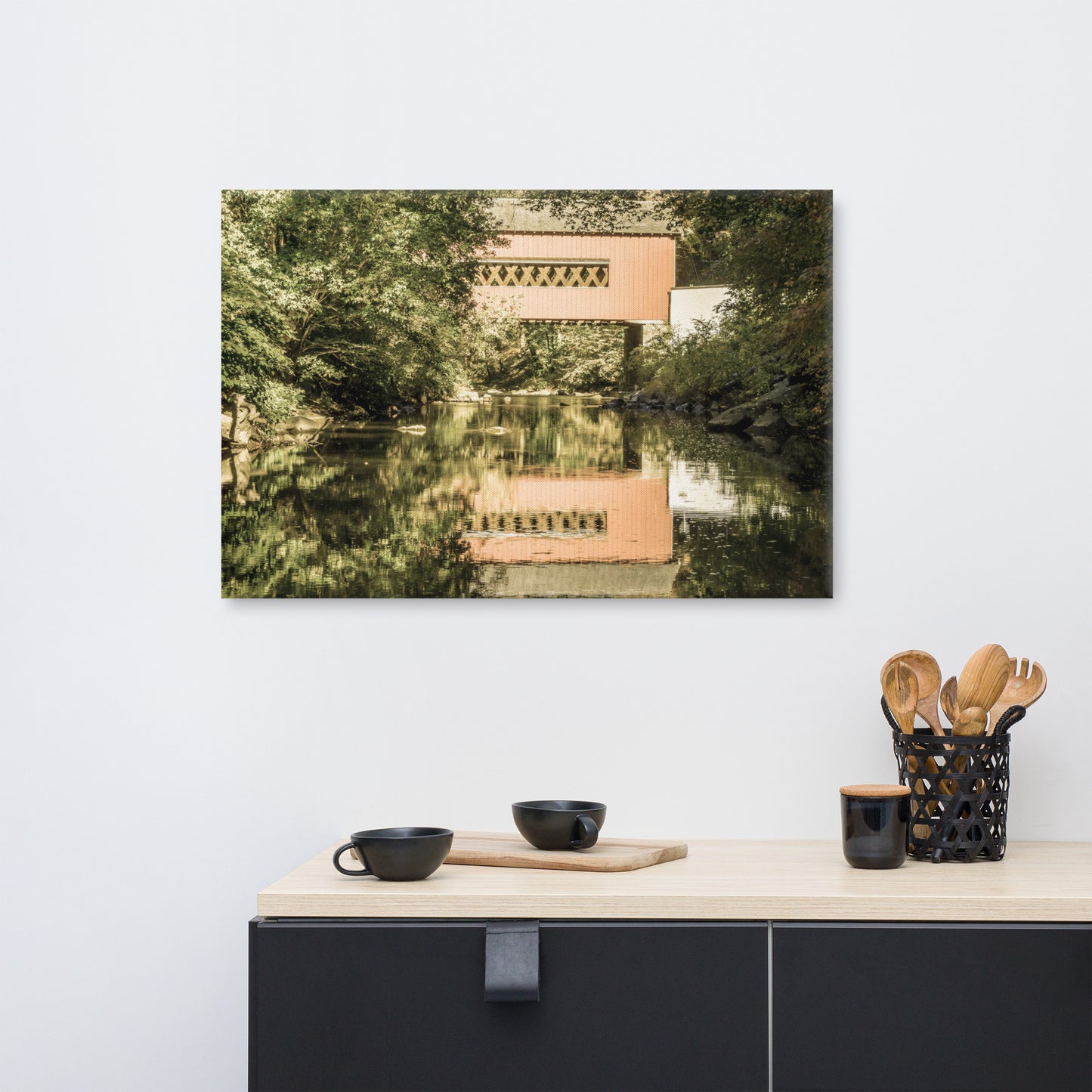 The Reflection of Wooddale Covered Bridge Aged Canvas Wall Art Prints