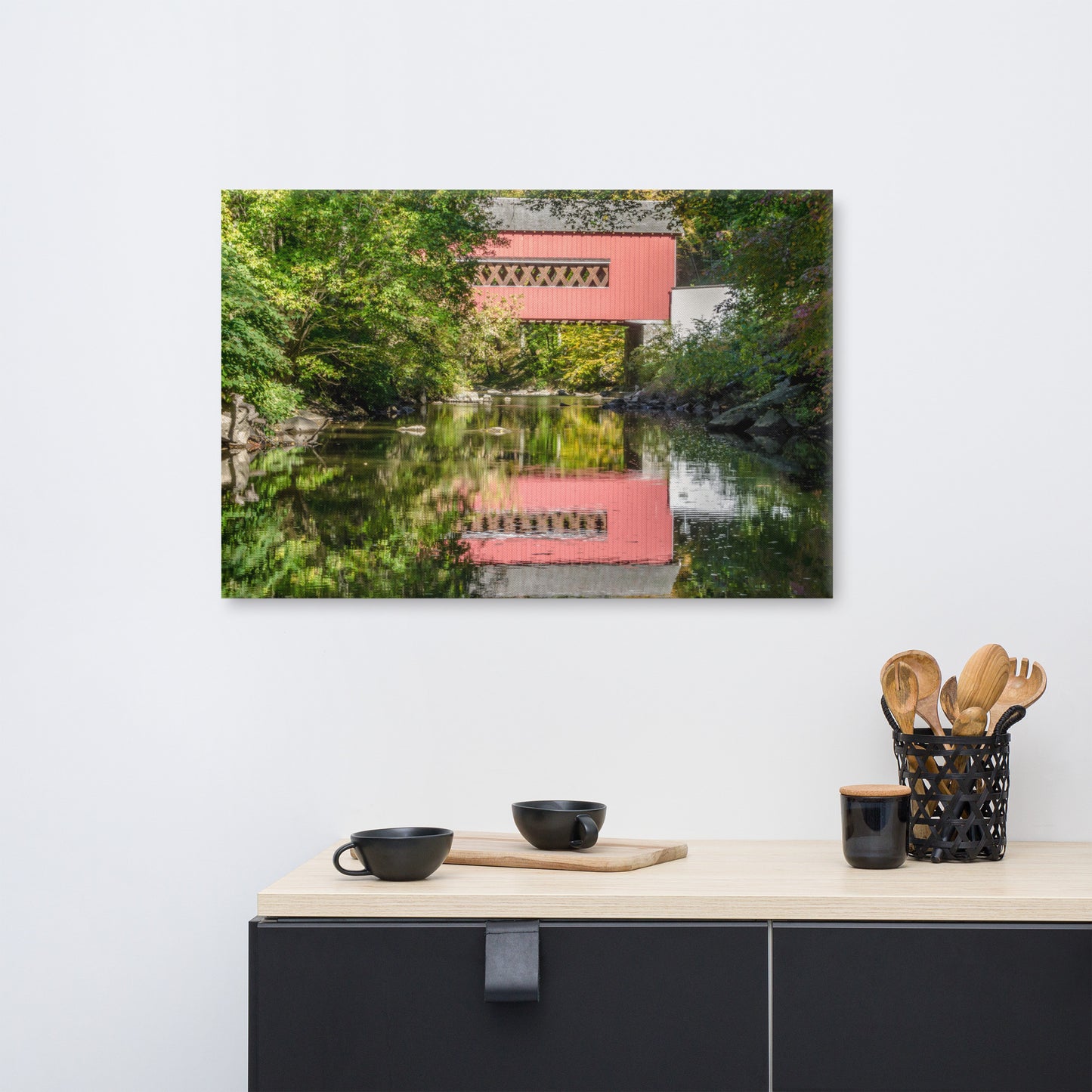 The Reflection of Wooddale Covered Bridge Rural Landscape Canvas Wall Art Prints