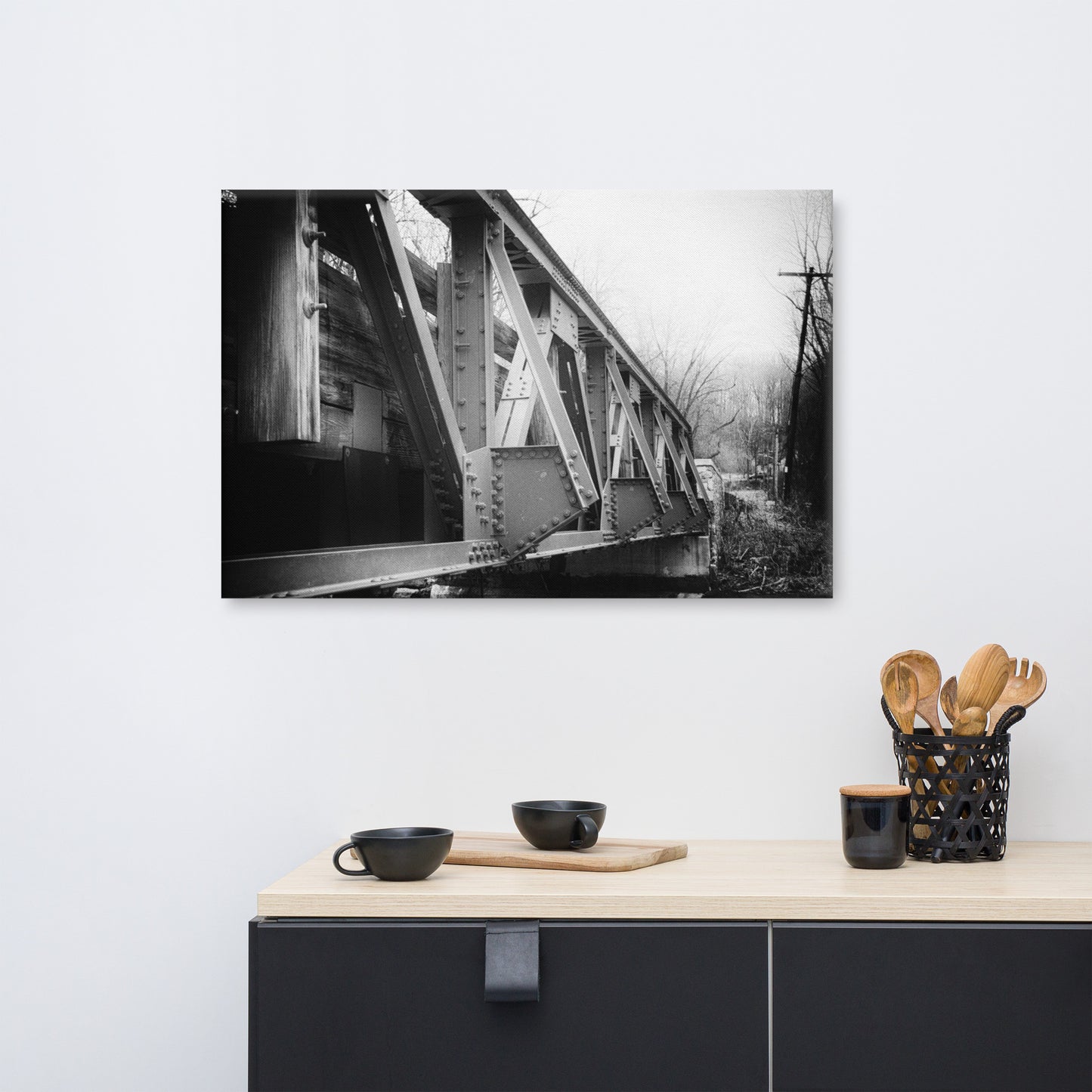 White Clay Creek Bridge Black and White Rural Landscape Canvas Wall Art Prints