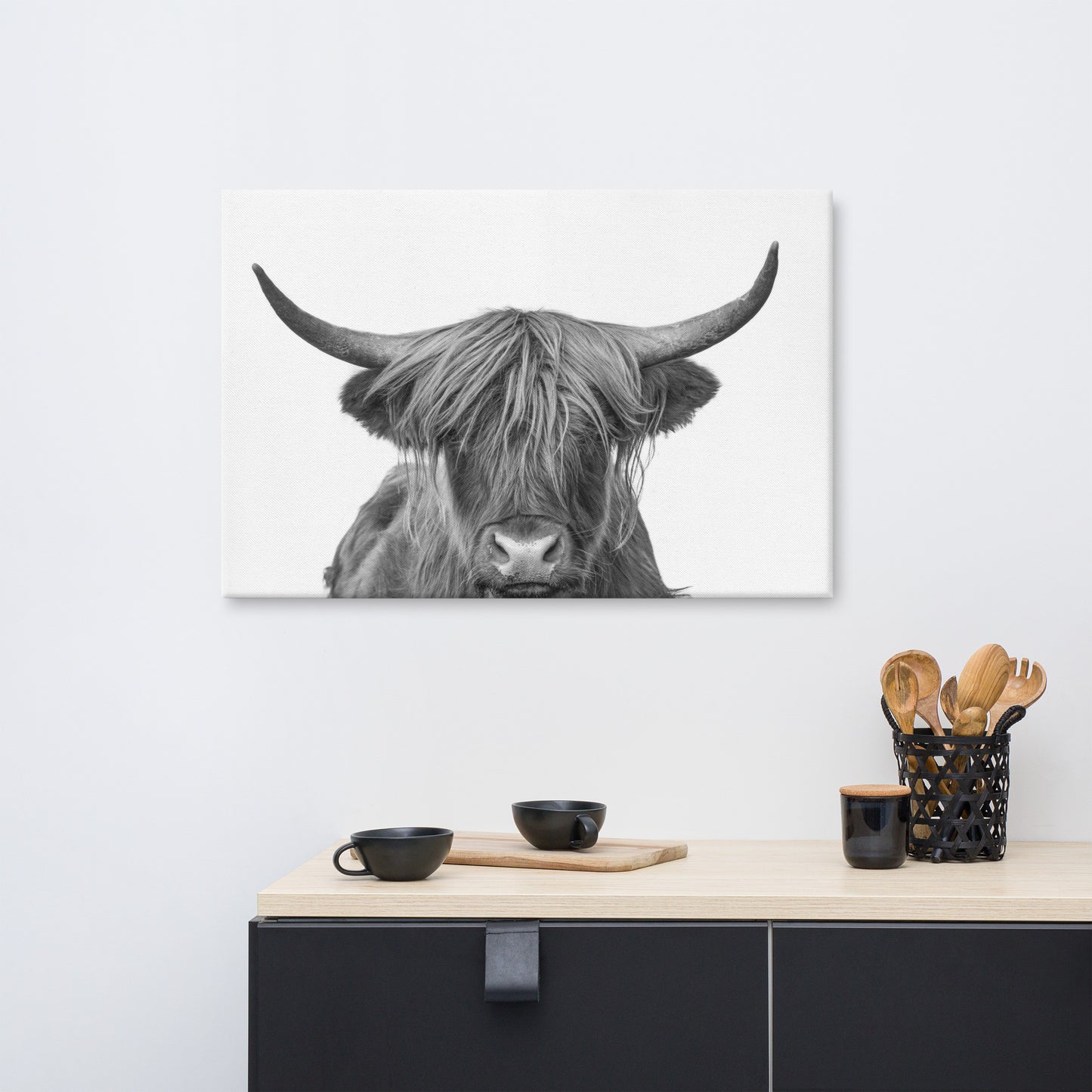 Highland Cow Black and White Wildlife / Animal Photograph Canvas Wall Art Print