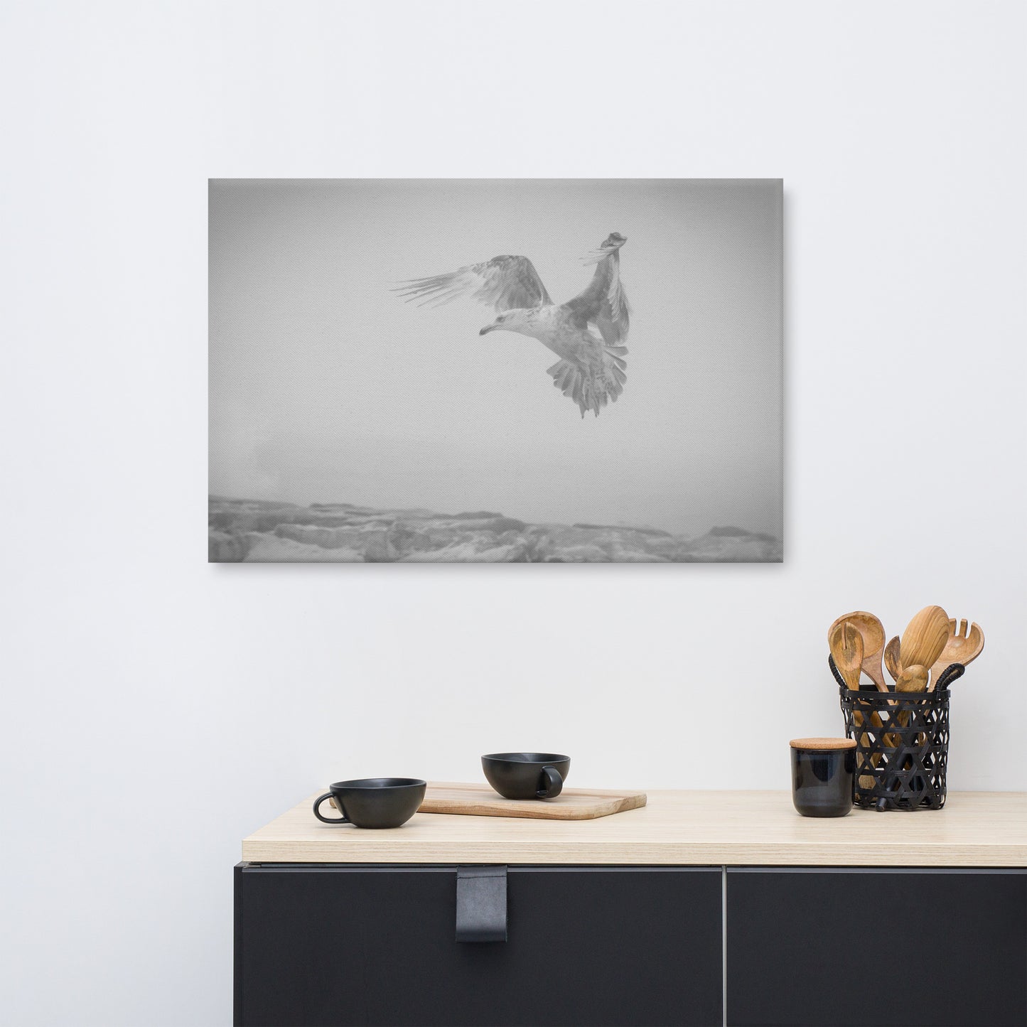 Gull in the Mist - Black and White Animal / Wildlife Photograph Canvas Wall Art Prints