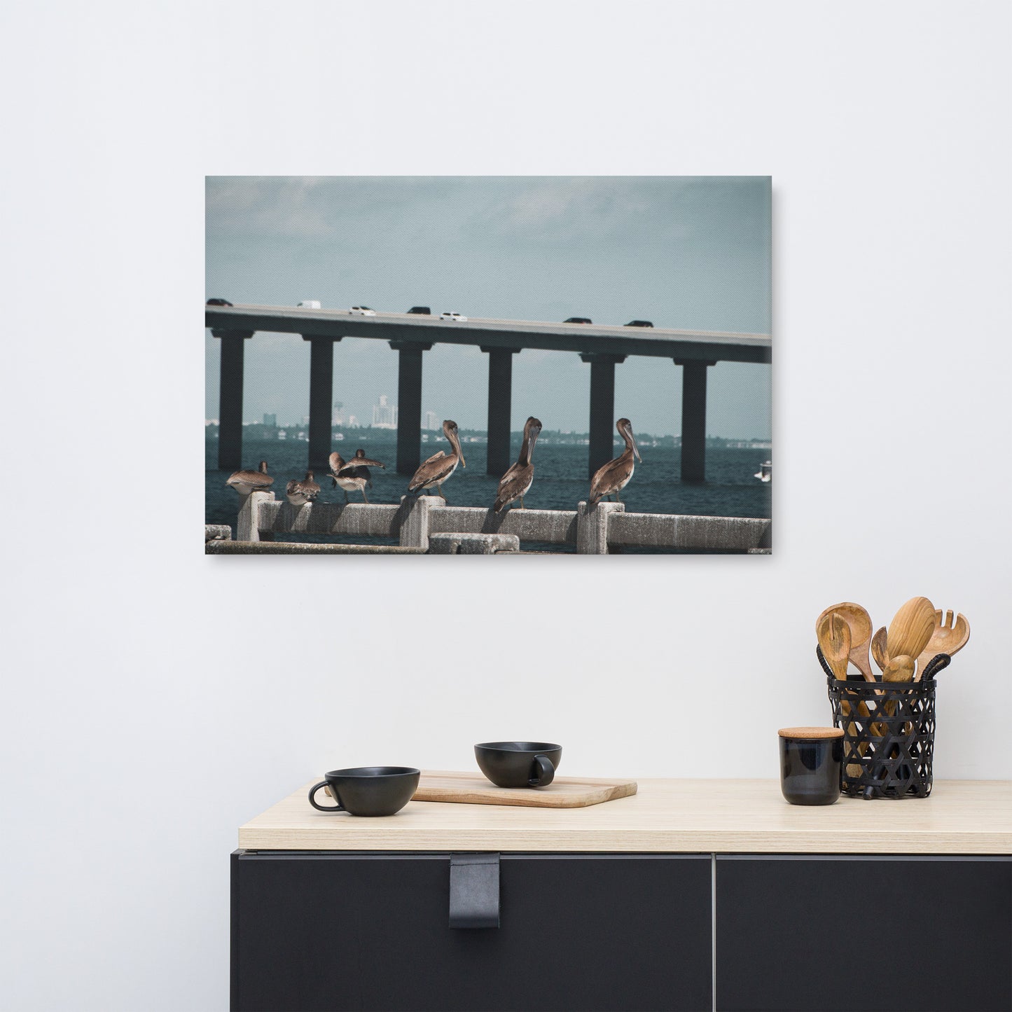 Skyway Bridge & Bob's Pelican Friends Wildlife Photo Canvas Wall Art Prints