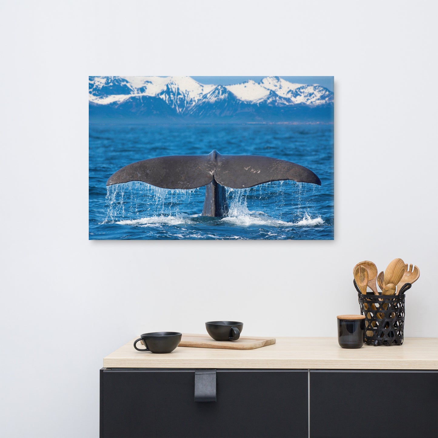 Sperm Whale Tall Splashing In Blue Water With Mountains Of Norway Animal Wildlife Photograph Canvas Wall Art Print