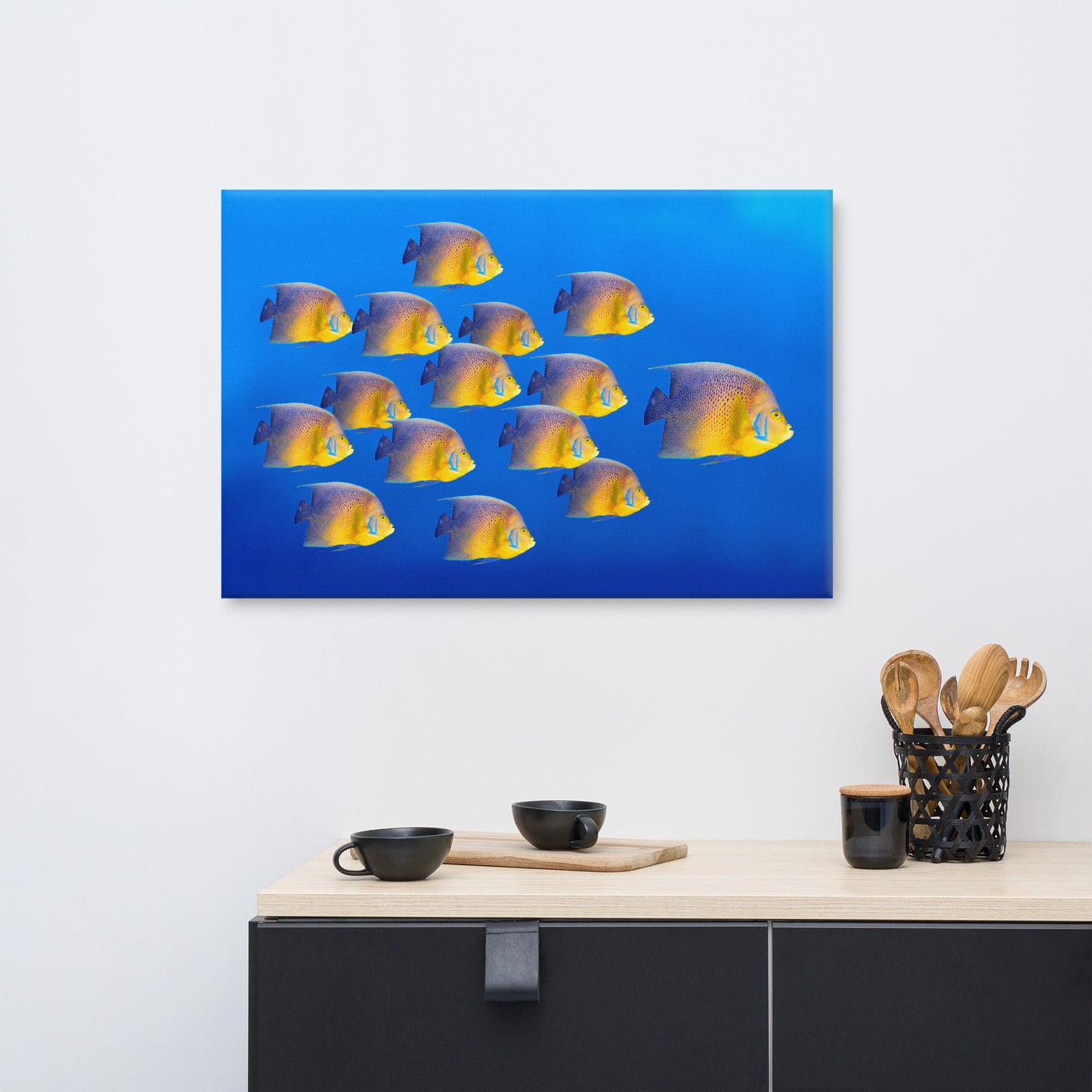 School of Tropical Coral Fish Angelfish Isolated In Blue Ocean Water Animal Wildlife Photograph Canvas Wall Art Prints