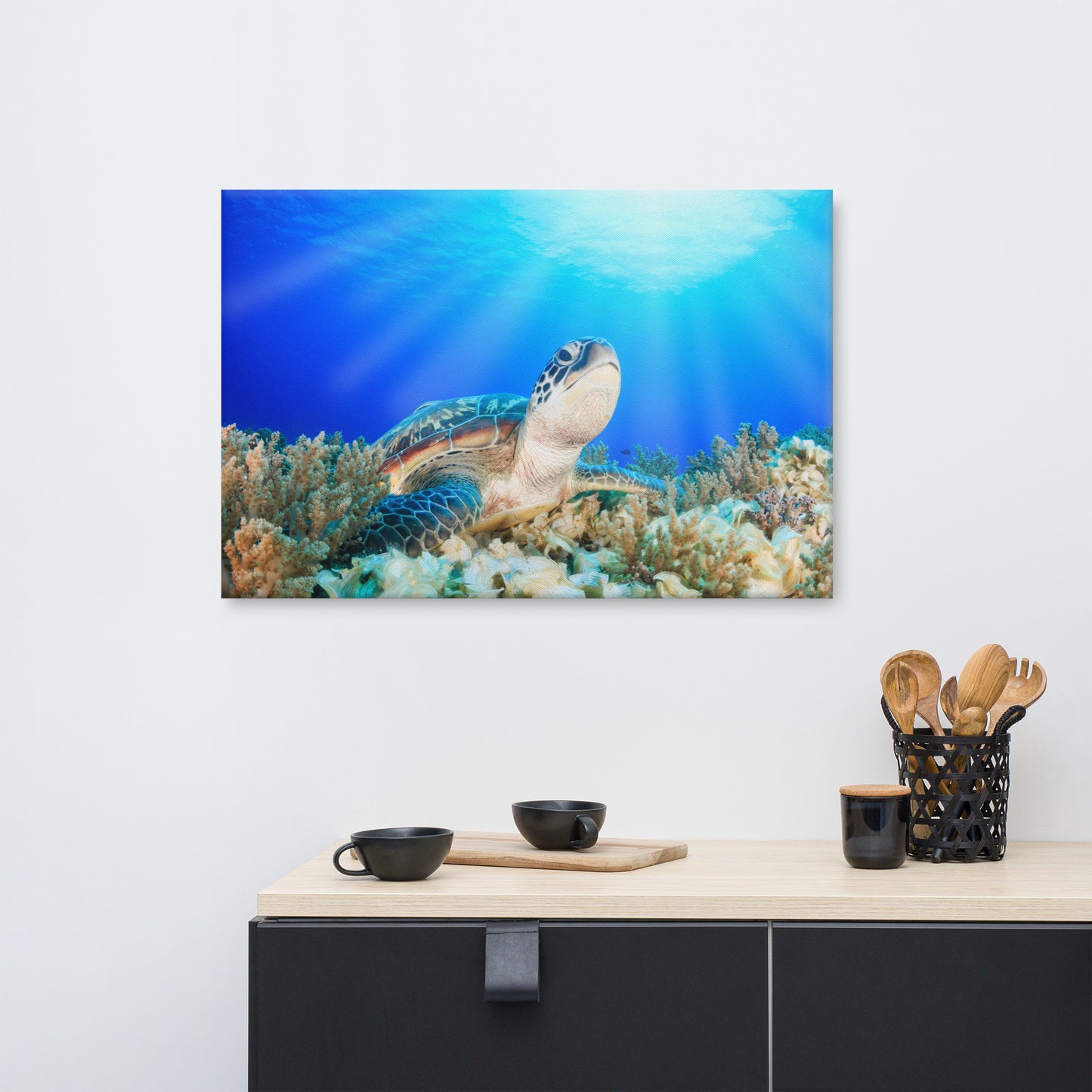 Green Sea Turtle In Tropical Coral Reef Animal Wildlife Photo Canvas Wall Art Print