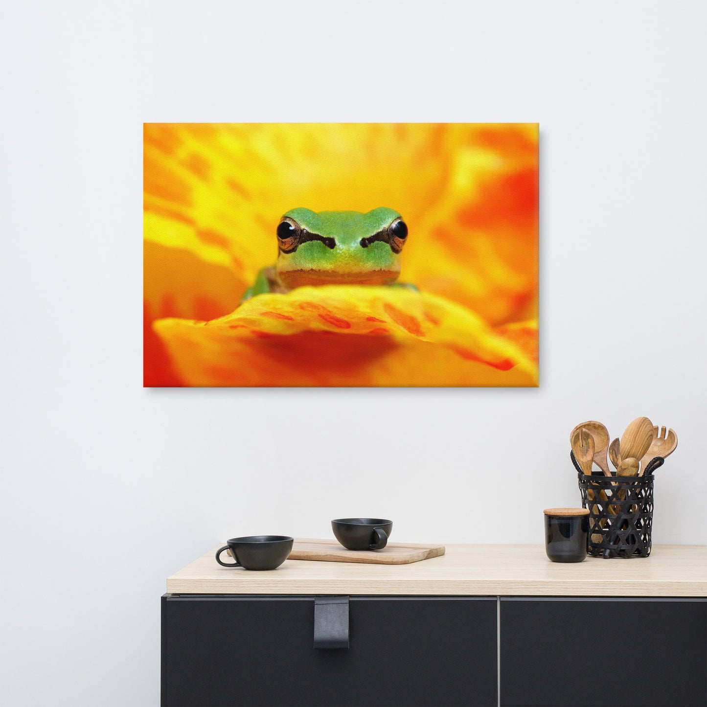 Hyla Green Frog on Yellow and Orange Flower Petals Wildlife Floral Nature Photo Canvas Wall Art Print