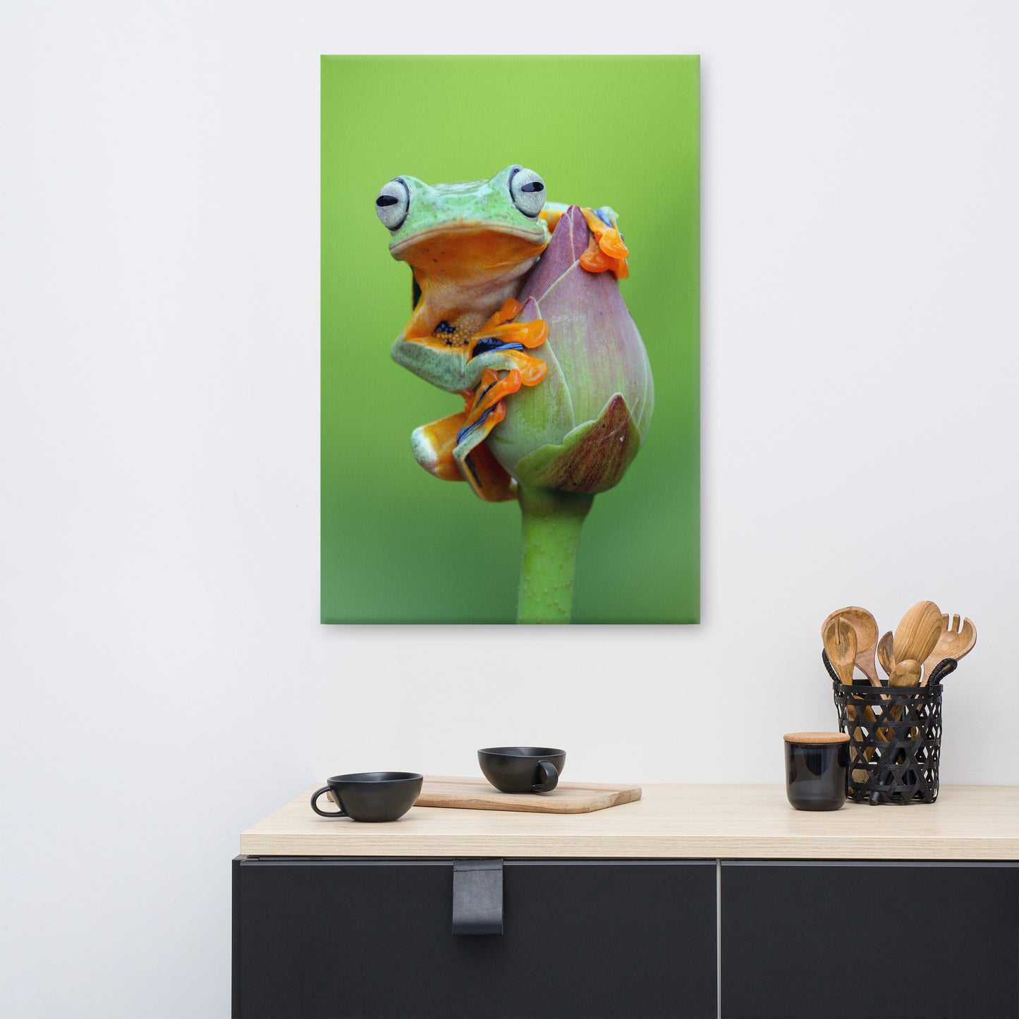Tiny Green Tree Frog on Lotus Bloom Animal Wildlife Floral Nature Photograph Canvas Wall Art Prints