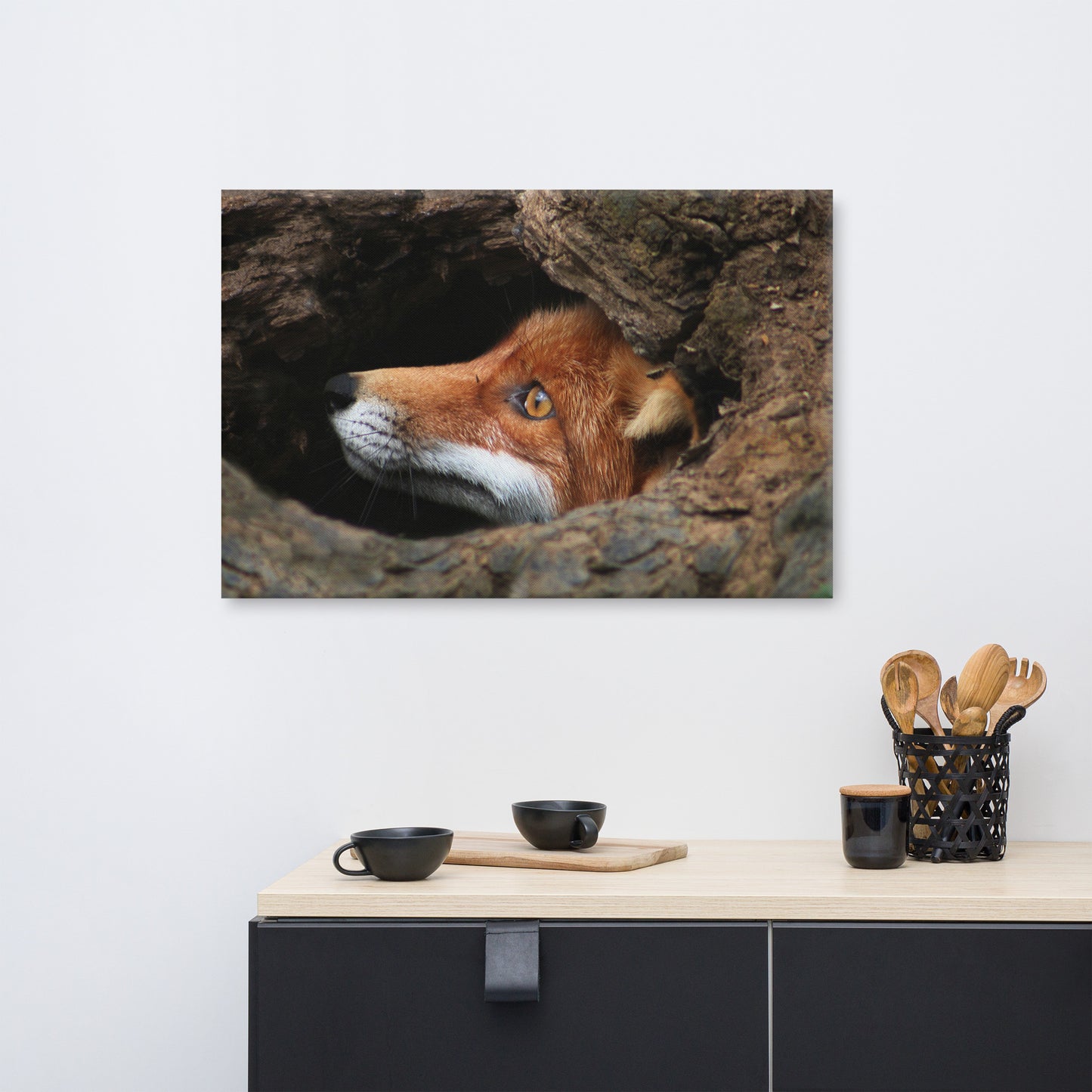 Red Fox Face in Stump Of Tree Animal Wildlife Nature Photograph Canvas Wall Art Prints