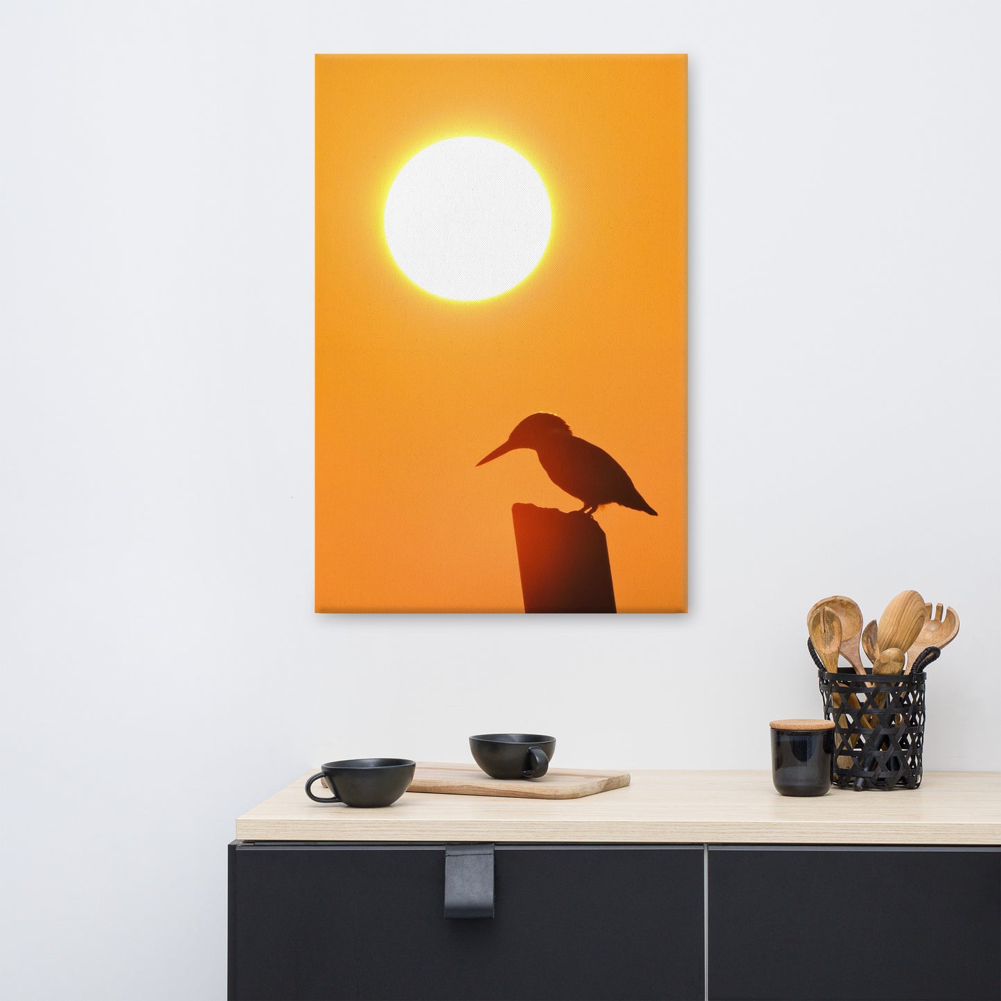 Kingfisher Bird Silhouette on Perch At Sunset Animal Wildlife Nature Photograph Canvas Wall Art Prints