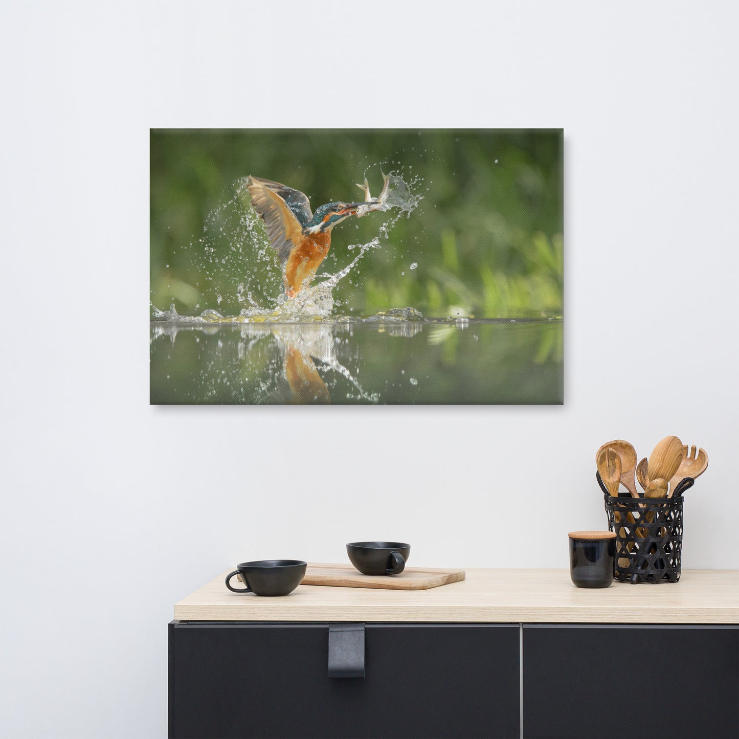 Flying Turquoise Blue and Orange Common Kingfisher Bird With Fish Animal Wildlife Photograph Canvas Wall Art Prints