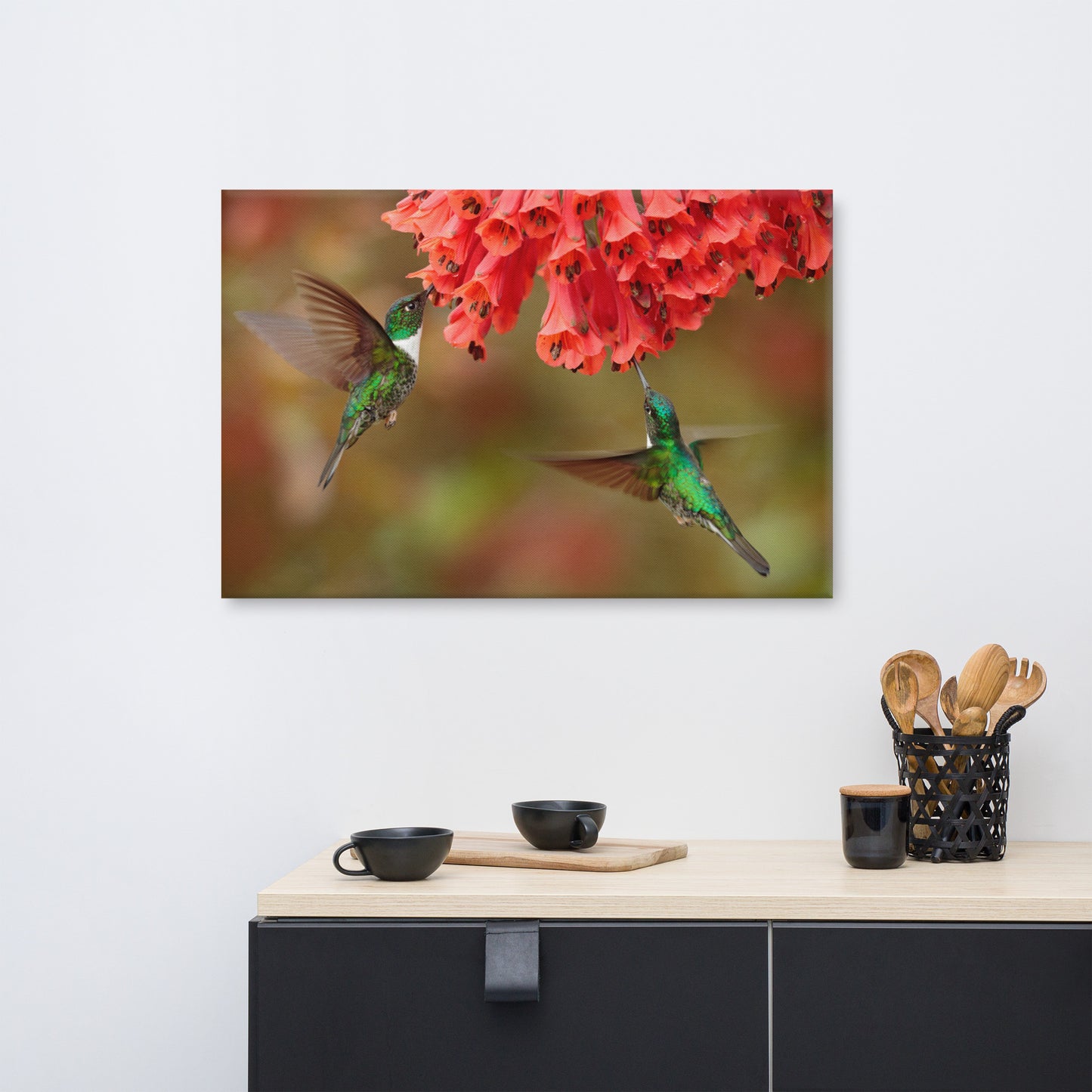 Hummingbirds with Reddish-Orange Flowers Animal Wildlife Floral Photograph Canvas Wall Art Prints