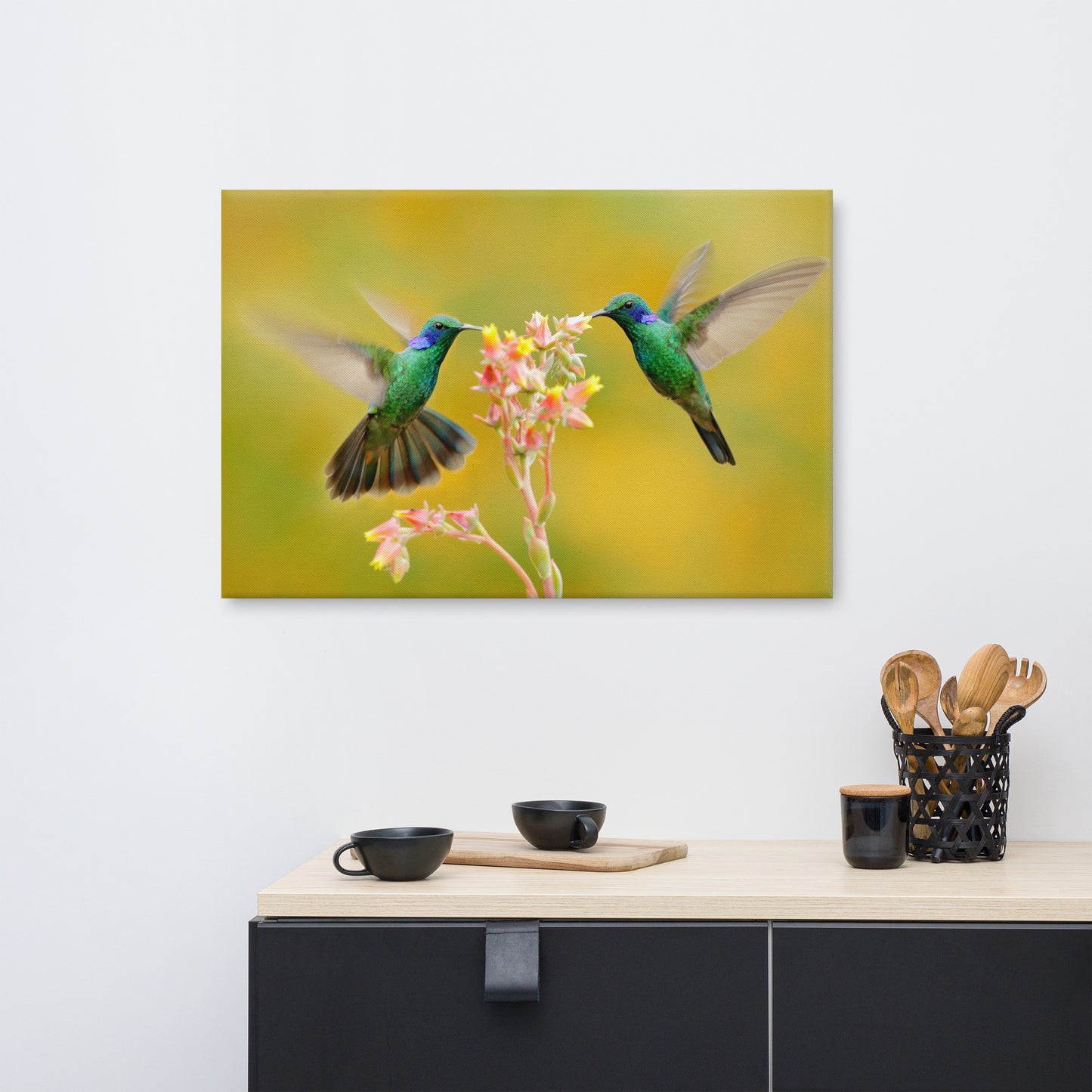 Hummingbirds with Little Pink Flowers Animal / Wildlife Floral Photo Canvas Wall Art Prints