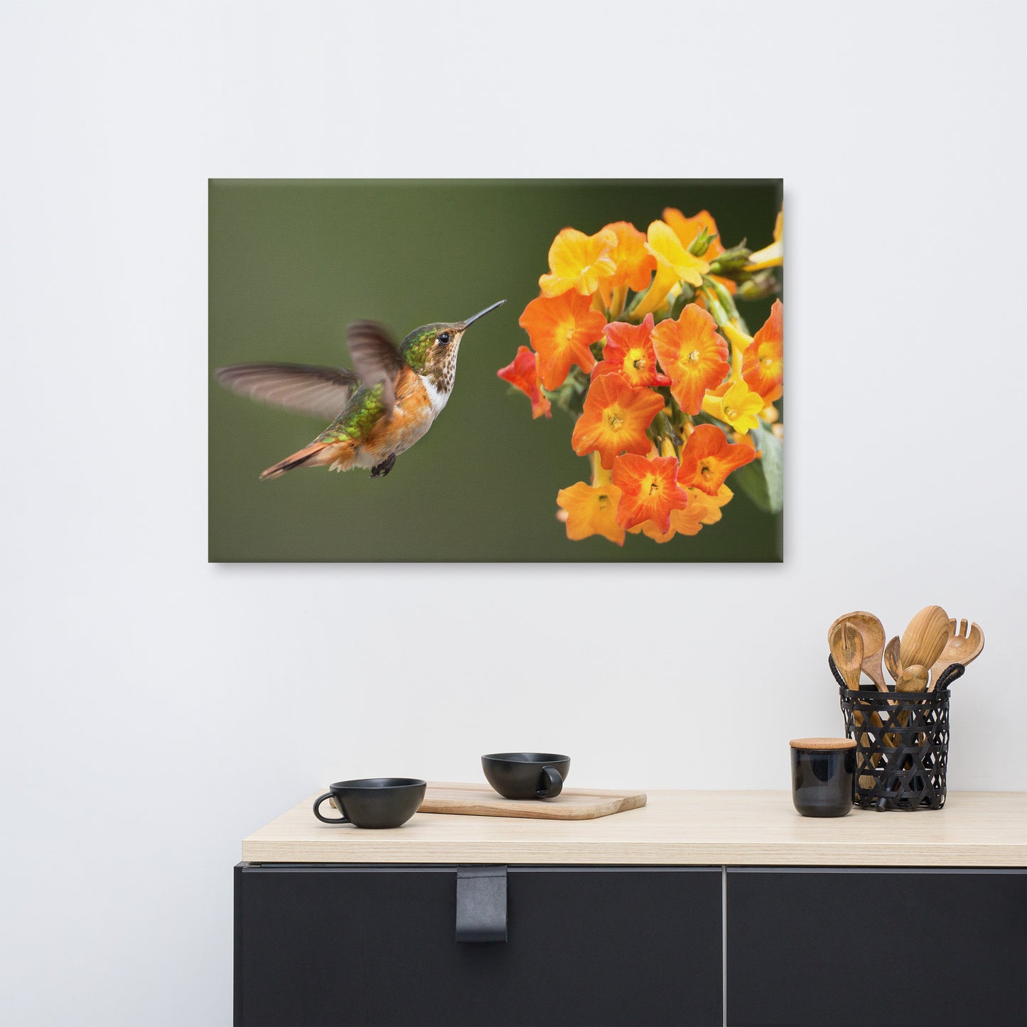 Hummingbird with Little Yellow-Orange Flowers Animal Wildlife Floral Photograph Canvas Wall Art Prints