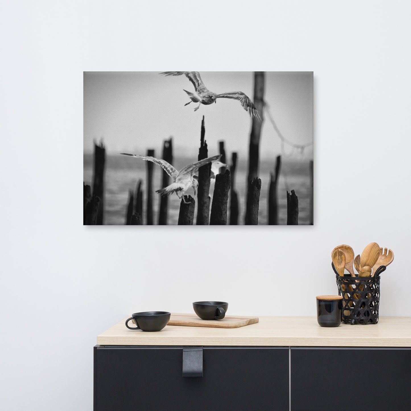 Flying Sea Gull in Black and White Animal / Wildlife Photograph Canvas Wall Art Prints
