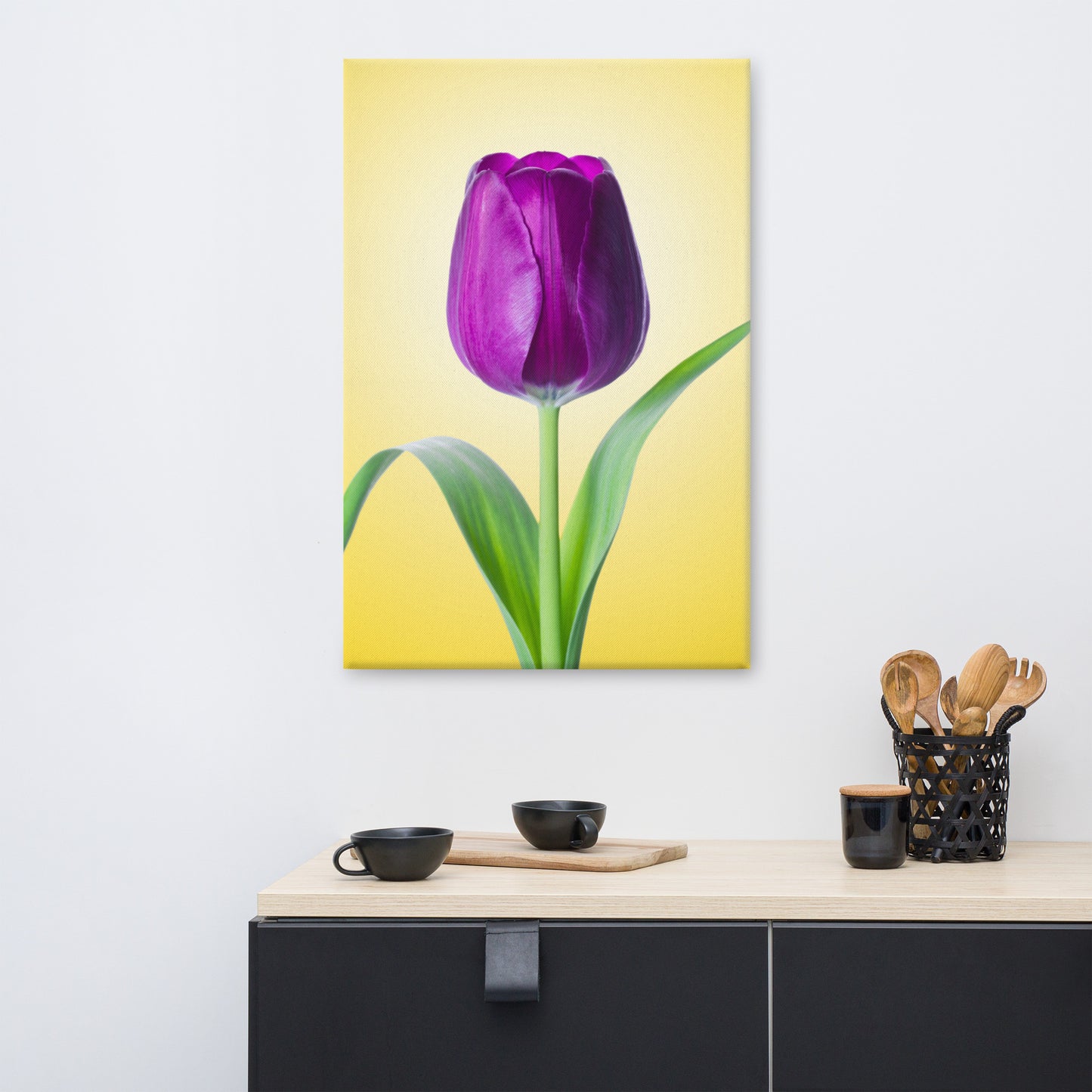 Purple Tulip on Yellow Minimal Floral Botanical Nature Photo Canvas Wall Art Print