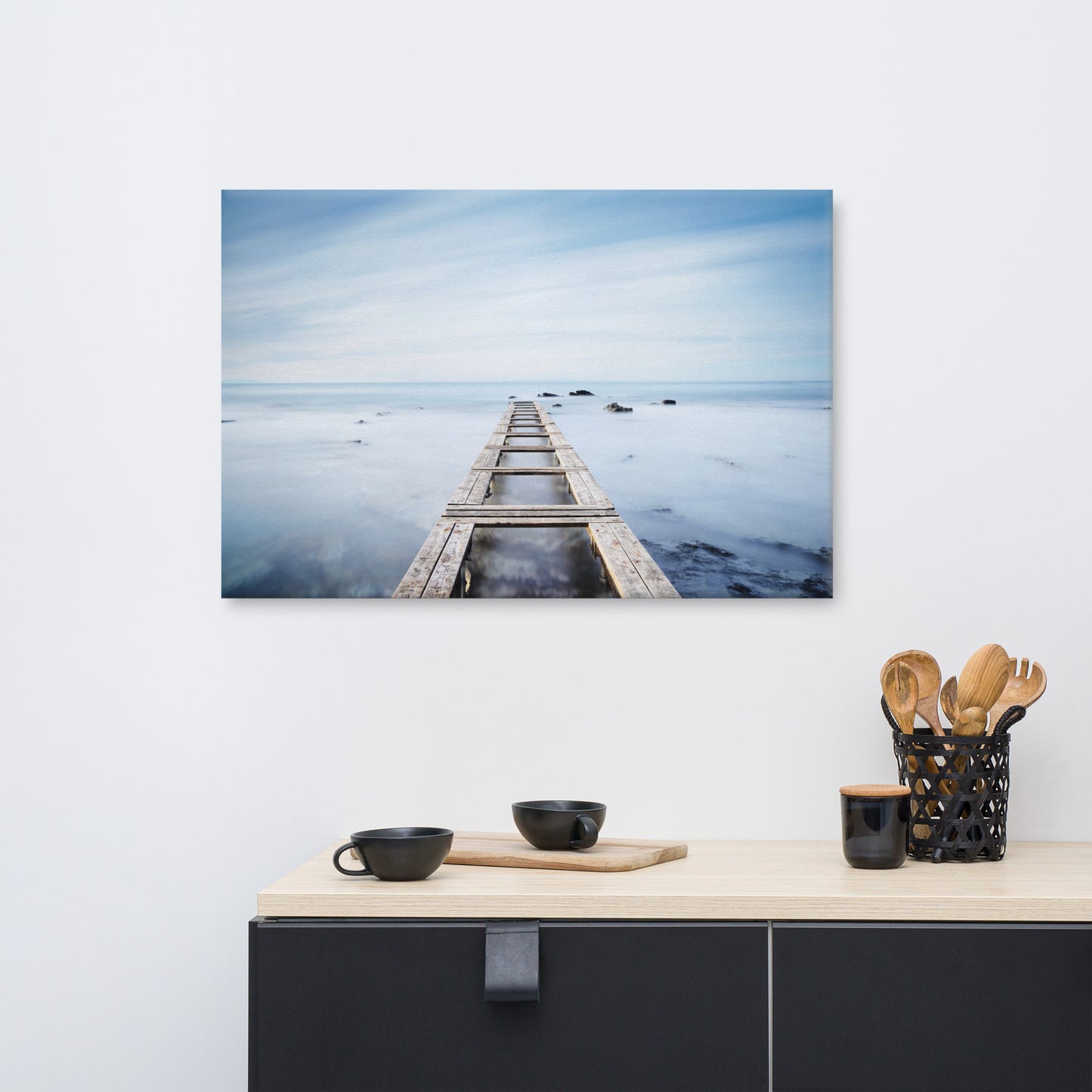 Moody Ocean and Sky Wooden Pier Landscape Photo Canvas Wall Art Prints