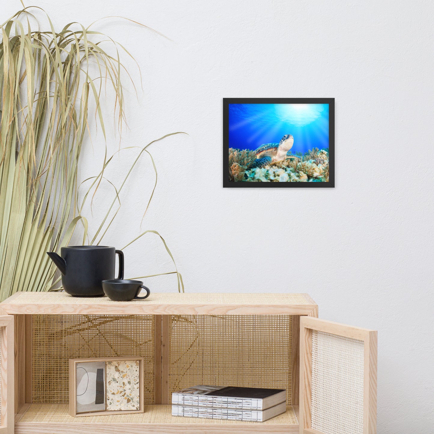 Green Sea Turtle in Tropical Coral Reef and Sunbeams Animal Wildlife Photograph Framed Wall Art Print